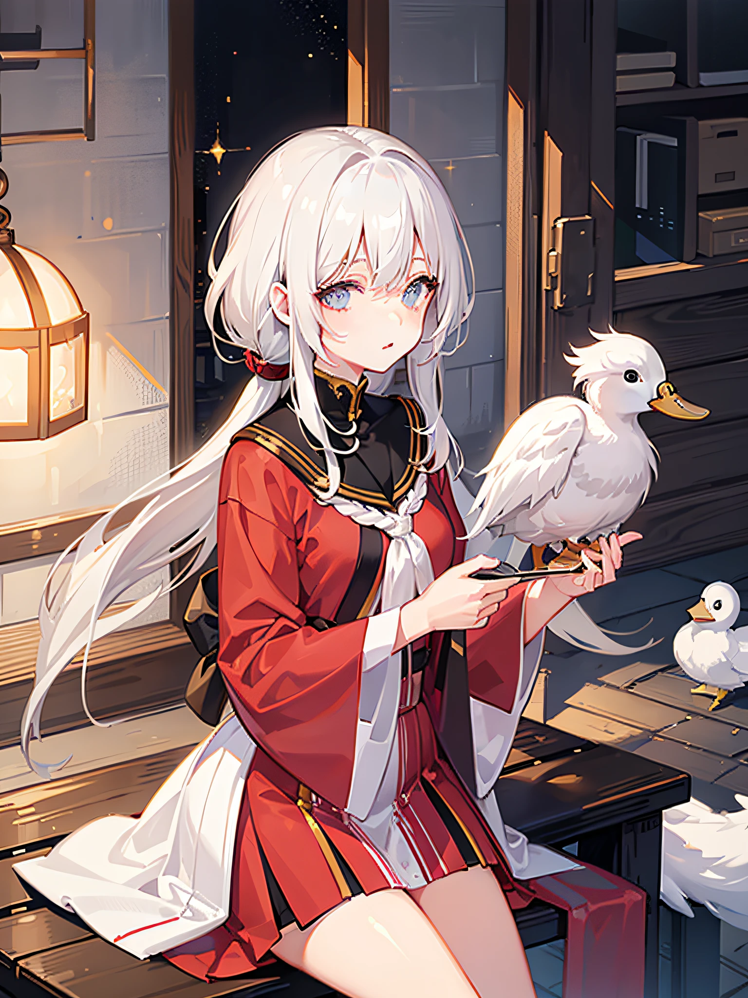 White hair, low ponytail, closed one eye, sparkling eyes, tachi-e, anime, UHD, masterpiece, duck sitting, white silk