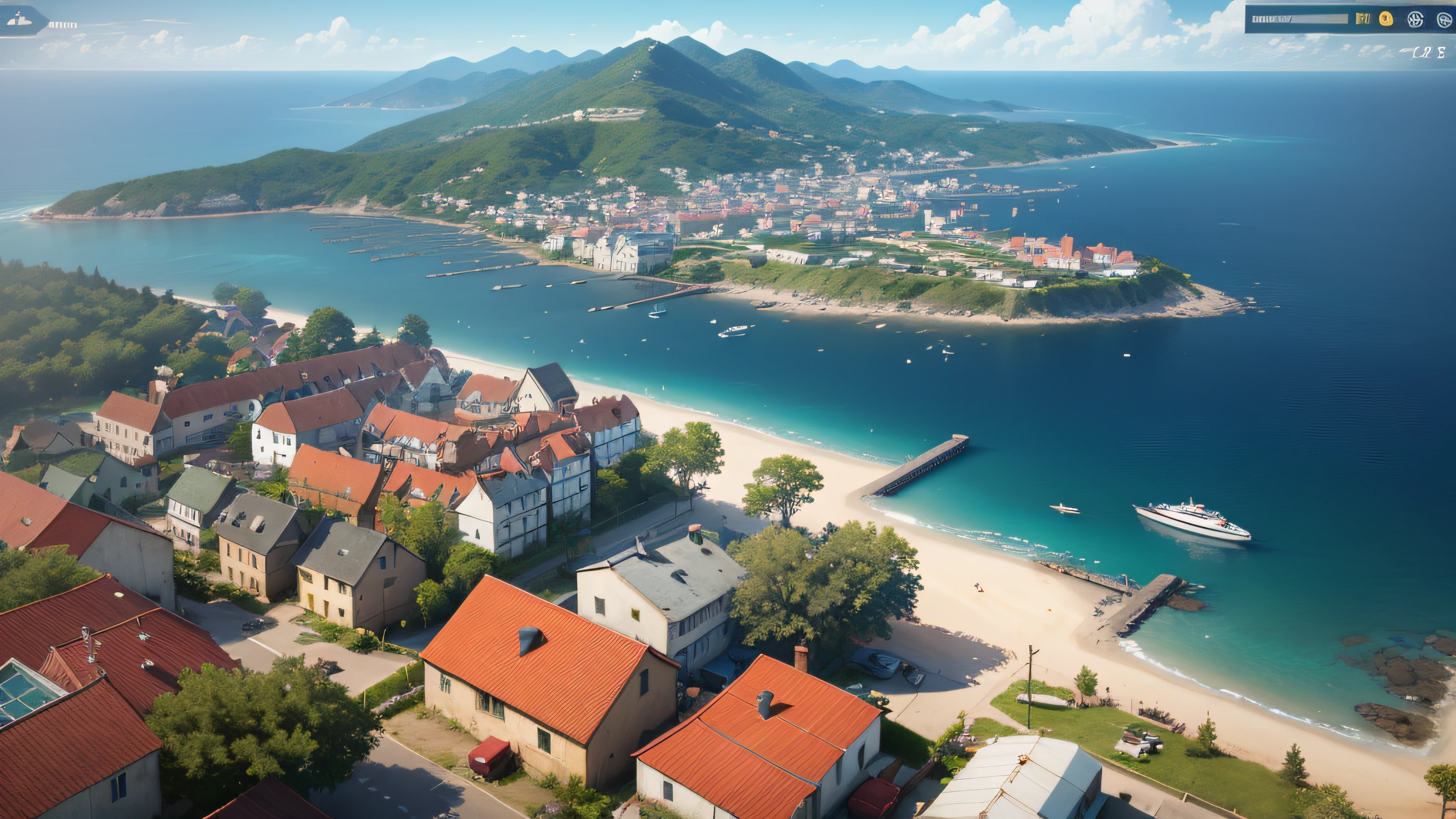 The sky is more proportional，there is a small town on a small island in the middle of the ocean, author：Ni Yuanlu, renaissance port city background, game map matte painting, stunning screenshot, port scene background, 2077，With an arsenal and a view of the city's Aalfed, fps view, eye - level view, high fov, above a village, wide fov, arma 3 screenshot, screenshot from game, ground level view of soviet town, arma 3, games