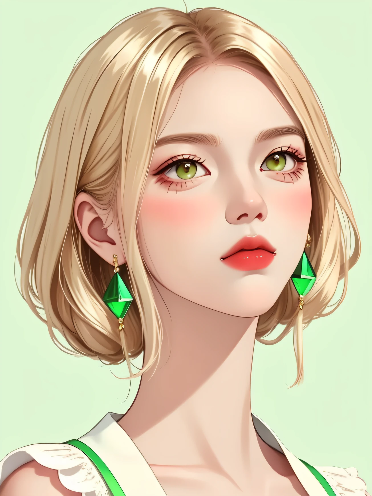 sthe highest qualit,master-piece,a pregirl,short blond hair,Hair is slightly curly,Light green earrings,Collar,(Green and white clothing),(Delicate hair portrayal),(Delicate brown eyes depicted),(Delicate portrayal of facial features),独奏,(Green apples),Portrait depiction,solid color background,Sense of brokenness