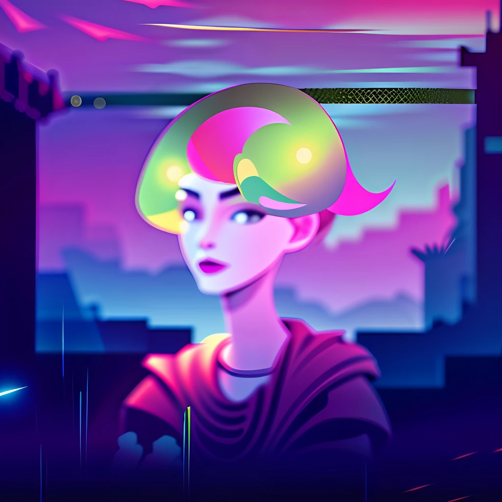 there is a woman with a colorful hat on her head, glowwave girl portrait, lofi artstyle, lofi portrait, Digital art style, dreamy colorful cyberpunk colors, cyberpunk artstyle, in style of digital illustration, synthwave art style, 2D illustration, cyberpunk artstyle, 2 d illustration, synthwave art style ]!!, 2d digital illustration