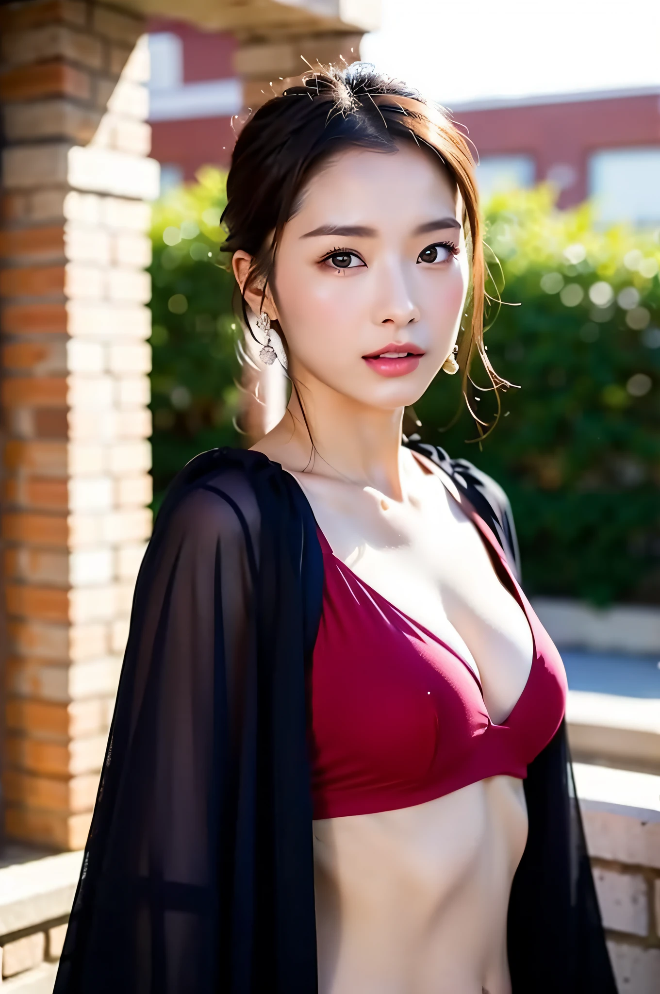 ((Best Quality, 8K, Masterpiece: 1.3)), Sharp Focus: 1.2, (Super Beauty Face: 1.0), (Slender Abs Beauty: 1.0), (Shiny Skin: 1.0), Realistic Photography, Black Hair, Realistic Pupils, Video Lighting, High Definition Eyes and Face, Video Lighting, (Cowboy Shot: 1.3), Swimsuit, (Korean Cute Actress), Front Out, Big, Cleavage