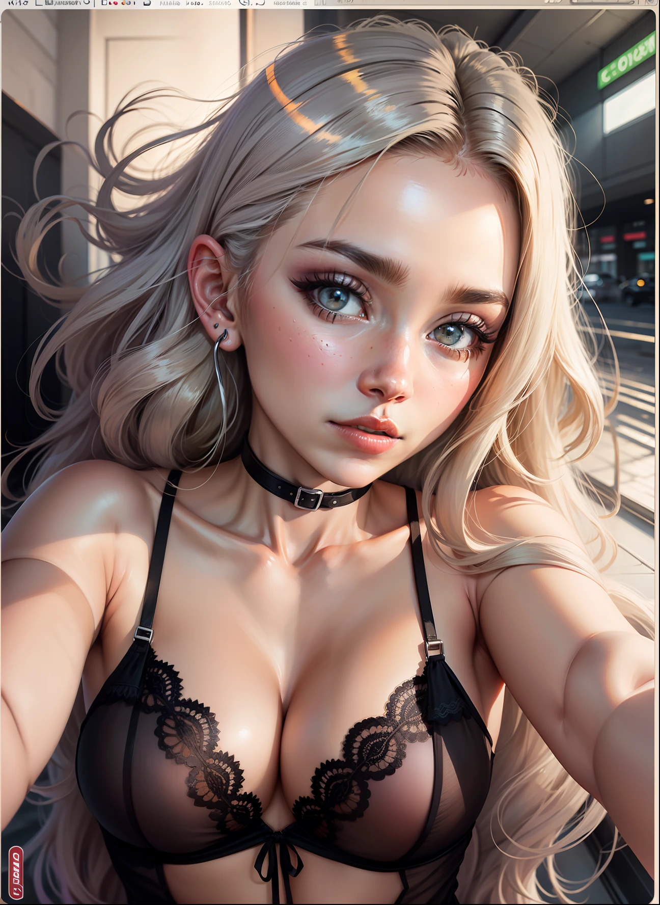 closeup, simetrical, selfie, uma garota de cabelos longos pretos, olhos castanhos escuros, somente de lingerie abastecendo um carro em um posto de gasolina --auto --s2
