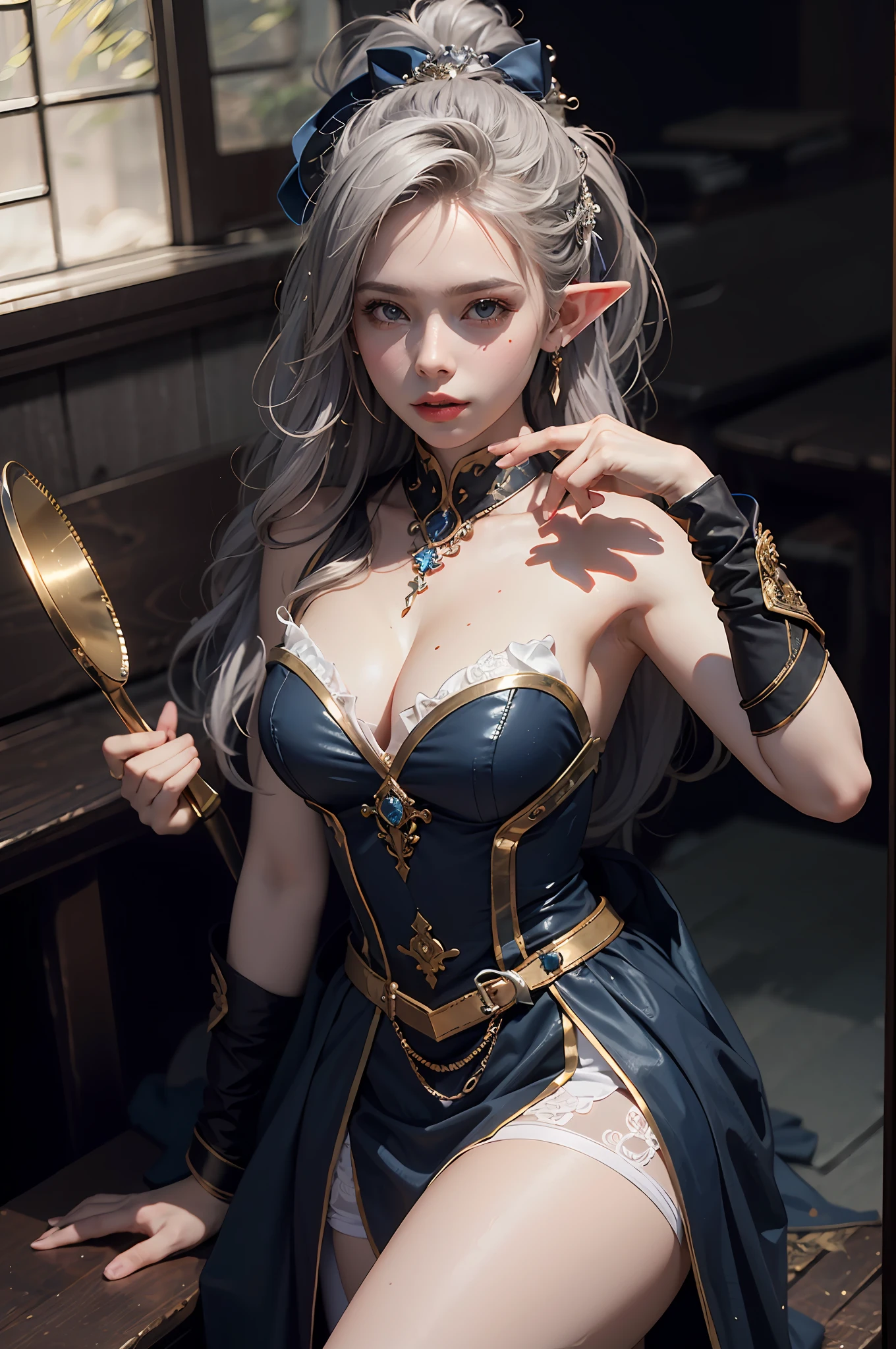 ((best qualiy)), ((A masterpiece)), (detail:1.4), 3D, A beautiful elven fantasy beautiful girl，Elf long ears，ear studs，（（Long silver hair，Double ponytail:1.9））,（Blue-purple princess dress：1.4）（Western European medieval style，Metal Temple，：1.6），Metallic sequins，Fantasy wind,close up of face shot,Extremely normal hands,Extremely normal legs,hdr（High dynamic range）,ray traicing,NVIDIA RTX,ultra resolution,Unreal 5,Subsurface scattering、PBR Texture、Postprocessing、Anisotropic filtration、depthoffield、Maximum clarity and clarity、Multilayer Texture、Albedo e mapas Speculares、Surface Shading、Accurate simulation of light-material interactions、perfectly proportioned、Rendu octane、Two-color light、Large aperture、Low ISO、White balance、rule of thirds、8K RAW