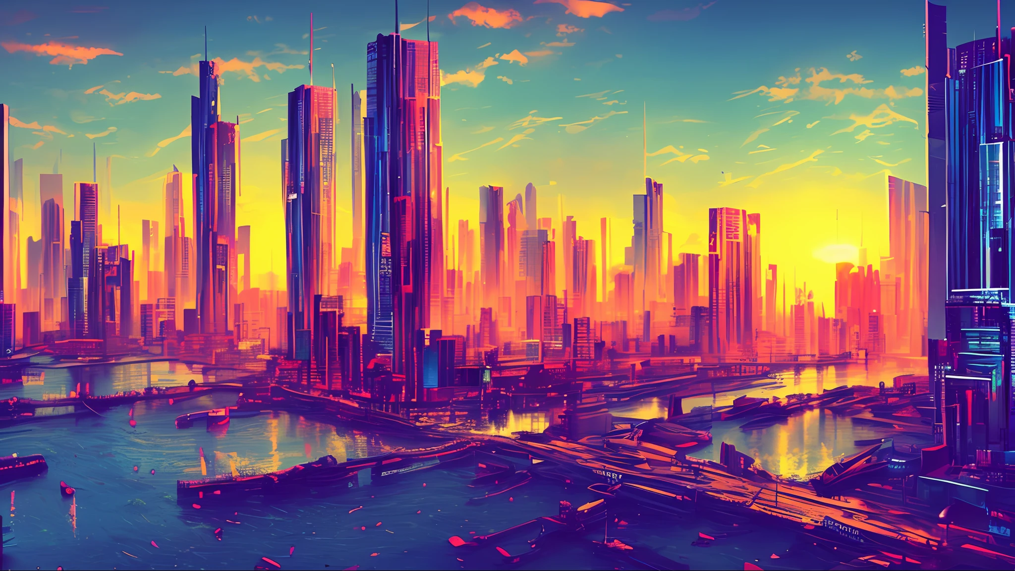 (masterpiece, best quality:1.4), cinematic light, colorful, high contrast, cyberpunk, neon, city, cityscape, (day:1.2), sky, sunlight,