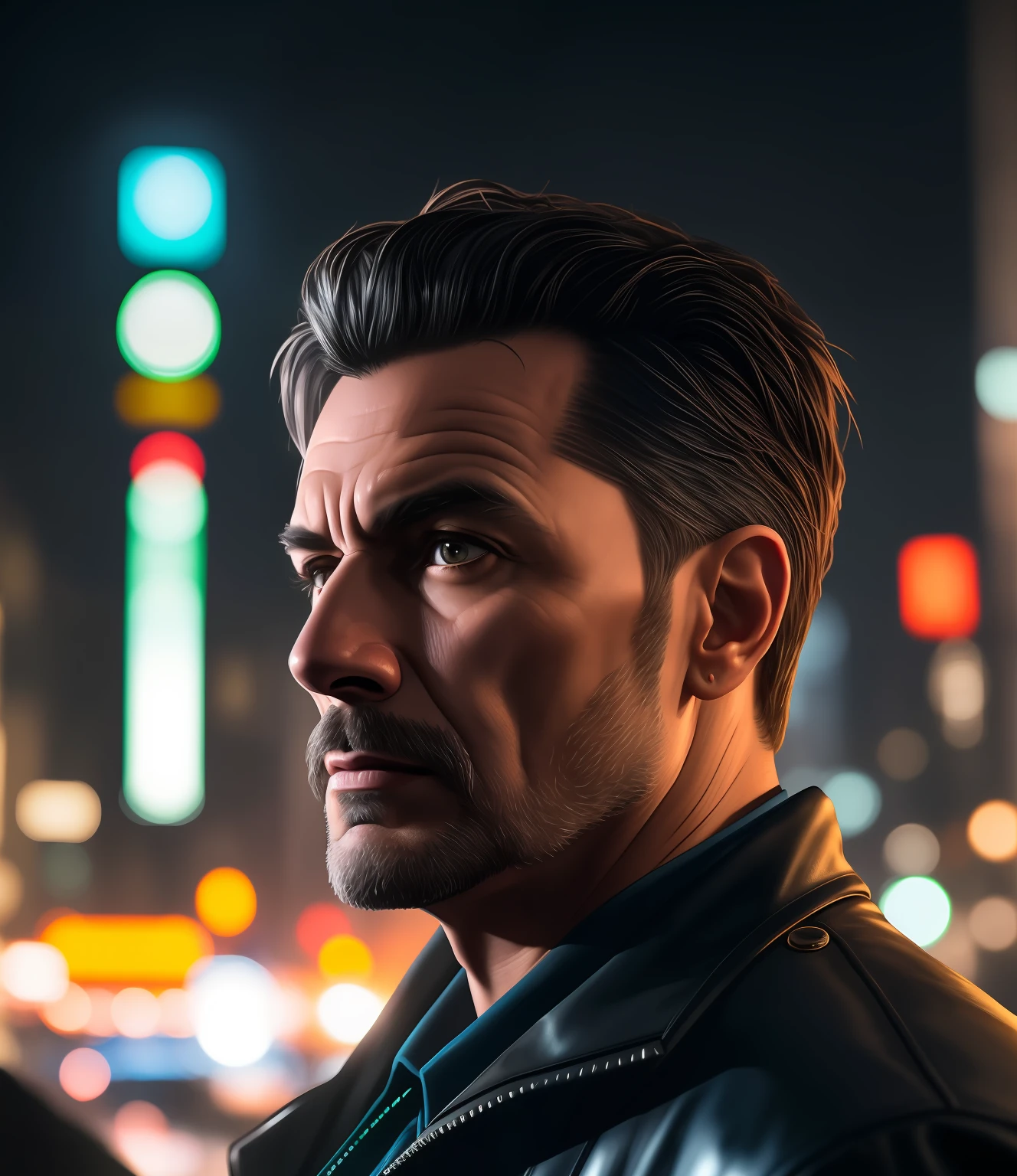 masterpiece, high detail, trending on artstation, realistic, detailed face, overall, a photo of a cyberpunk private detective, old man, dark hair, dirty, drone, Blade Runner city, neo lights, dark, rain, night, RAW, canon r6, wide shot, sharp, blurry background, rule of thirds, dramatic lights, dark shadows