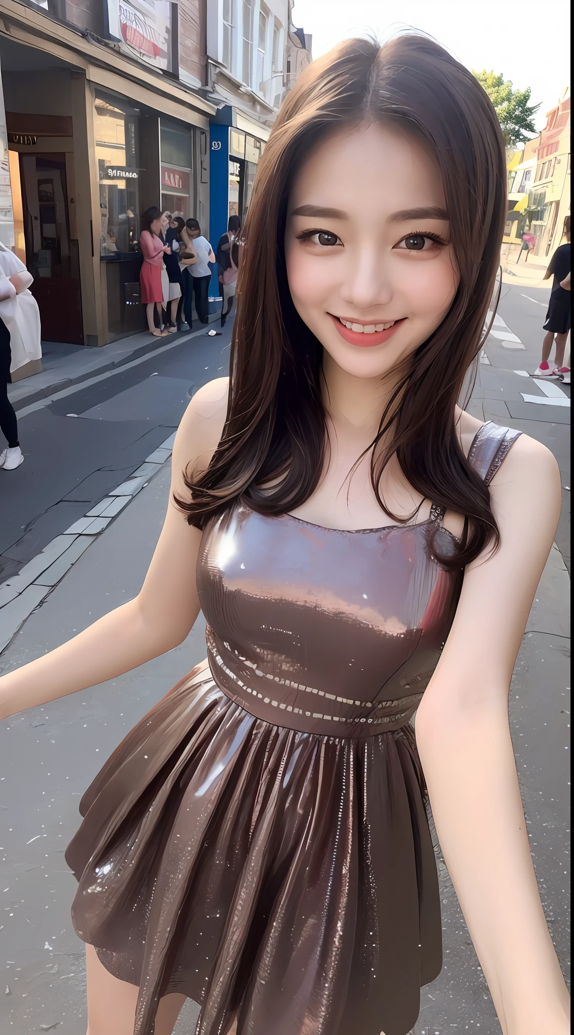 ((Best quality, 8k, Masterpiece :1.3)), 1girl, smiling, full body, slim face, Pretty woman, (Dark brown hair), full length dress :1.1, Ultra-detailed face, Detailed eyes, Double eyelid, blur background, slim face, city, outside, street,