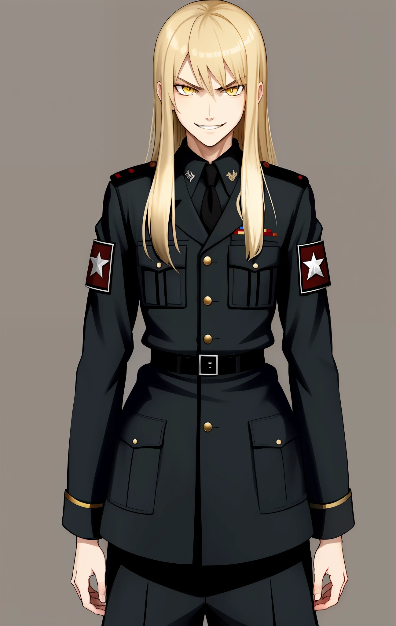 Young long blonde hair, black Schutzstaffel uniforms, man, with bangs, evil look and smile, blond, yellow eyes, evil