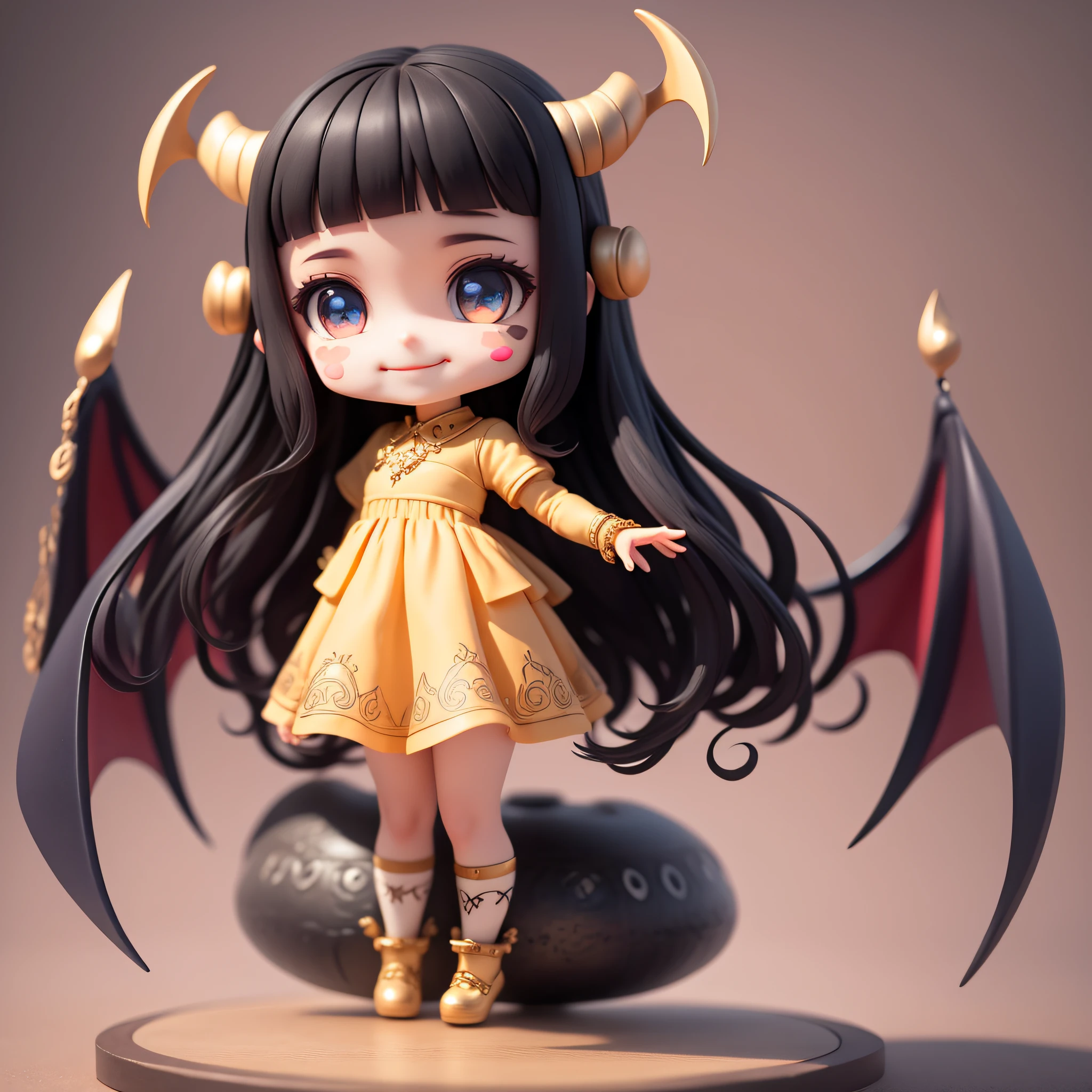 (masterpiece), (best quality), (super detailed), (full body: 1.2), 1 girl, chibi, cute, smile, hell, demon cosplay, blush, : 3, long hair, demon wings, blurry, black hair, blush stickers, bangs, horns on the head, (beautiful detailed face), (beautiful detailed eyes), full body, being in a magic circle,
