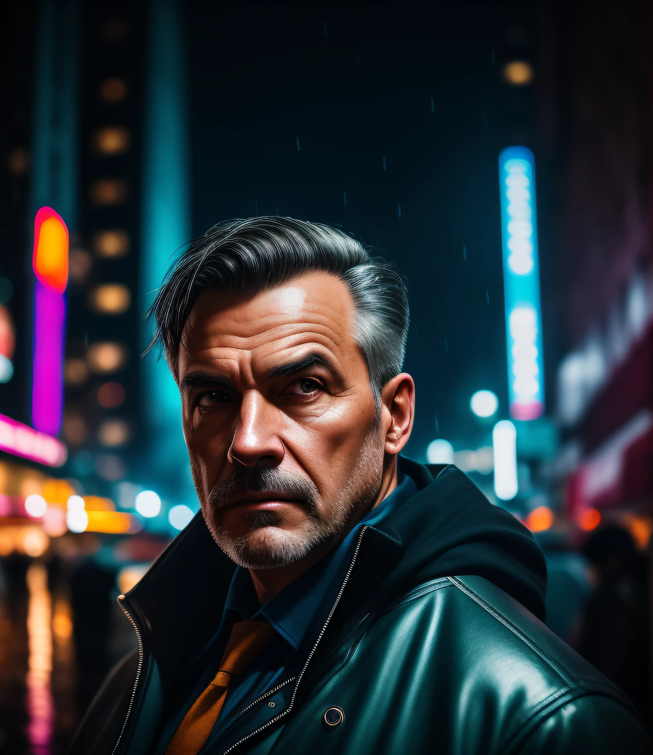 masterpiece, high detail, trending on artstation, realistic, detailed face, overall, a photo of a cyberpunk private detective, old man, dark hair, dirty, drone, Blade Runner city, neo lights, dark, rain, night, RAW, canon r6, wide shot, sharp, blurry background, rule of thirds, dramatic lights, dark shadows