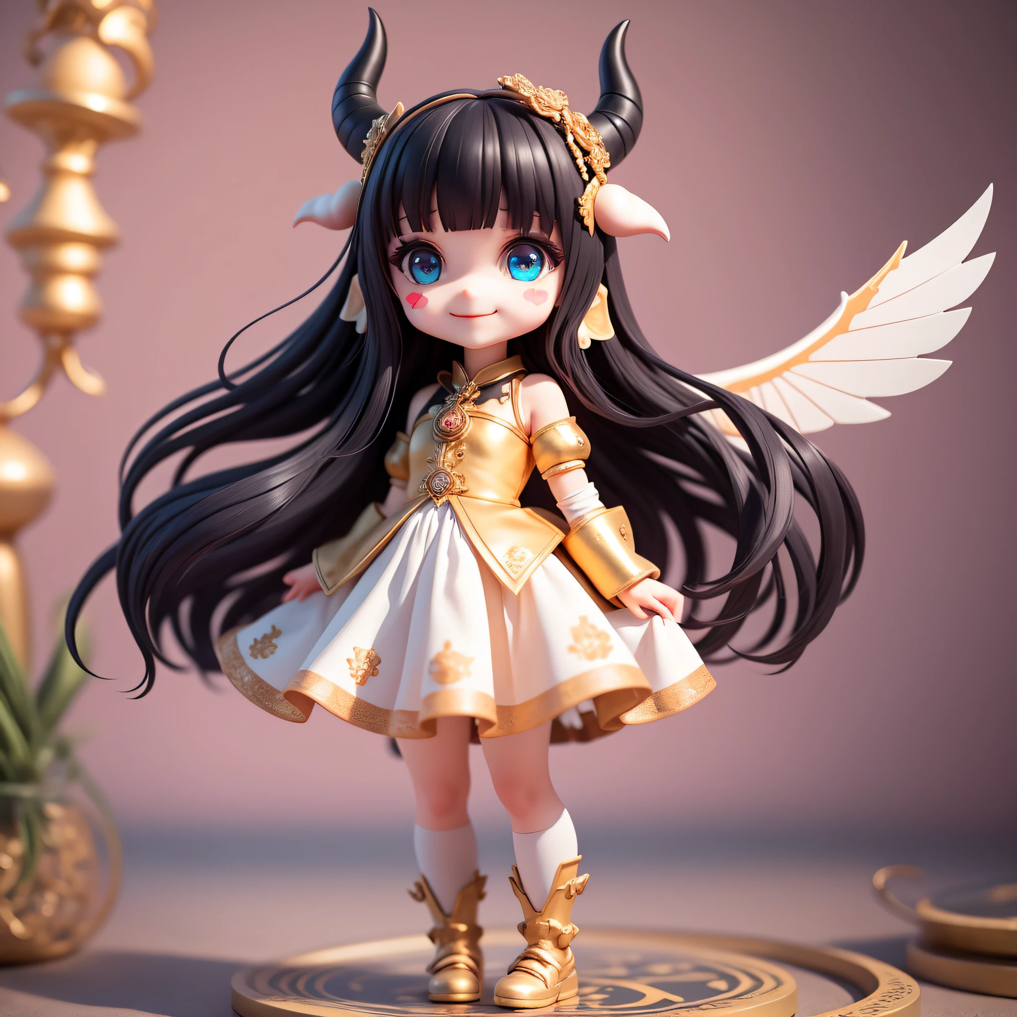 (masterpiece), (best quality), (super detailed), (full body: 1.2), 1 girl, chibi, cute, smile, hell, demon cosplay, blush, : 3, long hair, demon wings, blurry, black hair, blush stickers, bangs, horns on the head, (beautiful detailed face), (beautiful detailed eyes), full body, being in a magic circle,