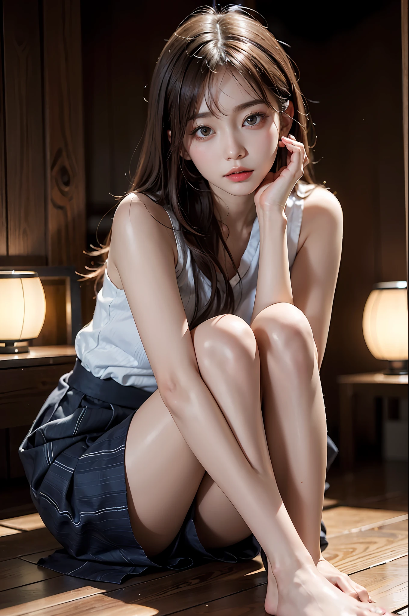 Masterpiece, best picture quality, one beautiful girl, detailed eyes, swollen eyes, brown hair, long hair, fair skin, cute, cute legs, short skirt, Japanese woman, Asian beauty, moonlight, strong eyes, professional lighting, bright lighting, double eyelids, slender, Japanese woman, Asian beauty,
