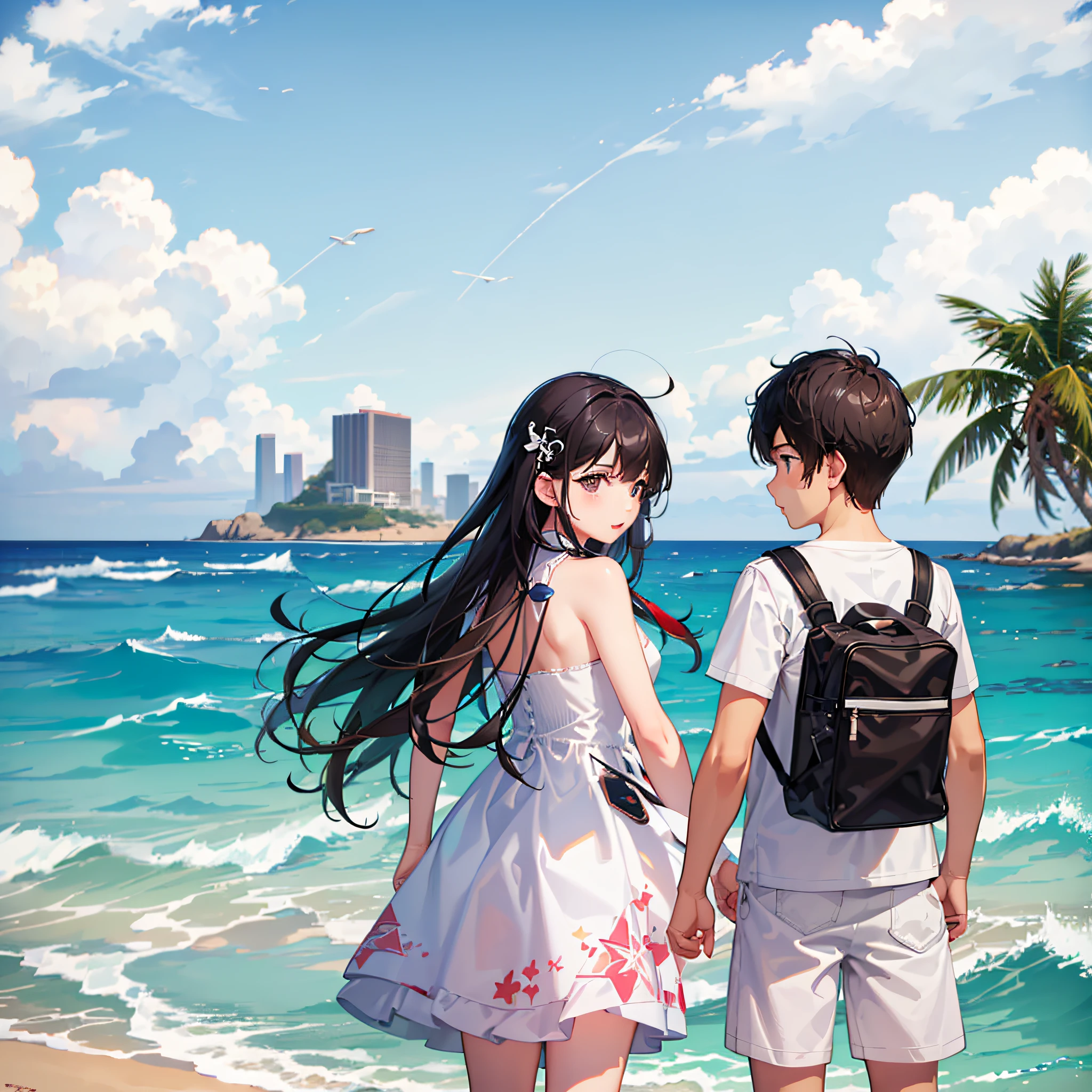 A couple walking on the beach at sunset,Realistic anime 3 D style, beautiful anime high school girl, realistic anime artstyle, anime realism style,hyperrealistic schoolgirl --auto