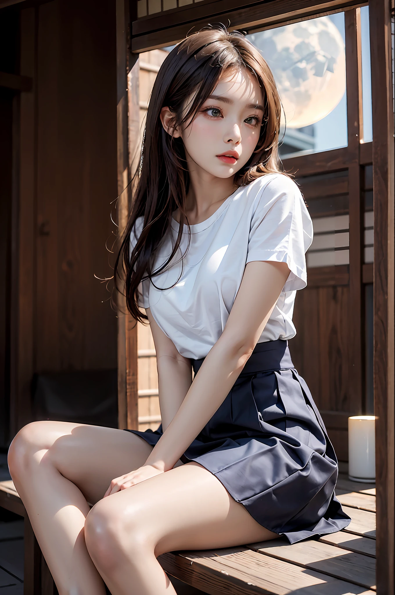 Masterpiece, best picture quality, one beautiful girl, detailed eyes, swollen eyes, brown hair, long hair, fair skin, cute, cute legs, short skirt, Japanese woman, Asian beauty, moonlight, strong eyes, professional lighting, bright lighting, double eyelids, slender, Japanese woman, Asian beauty,