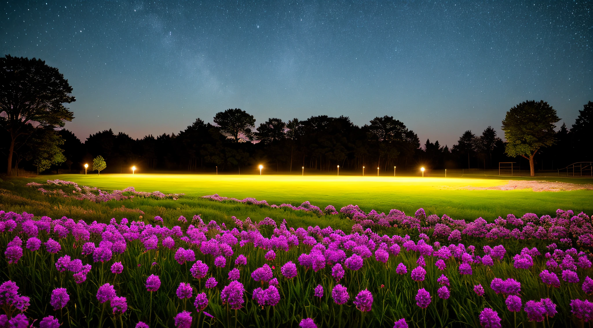 night field with a glowing ghost flowers, heather,, Stars, detailed