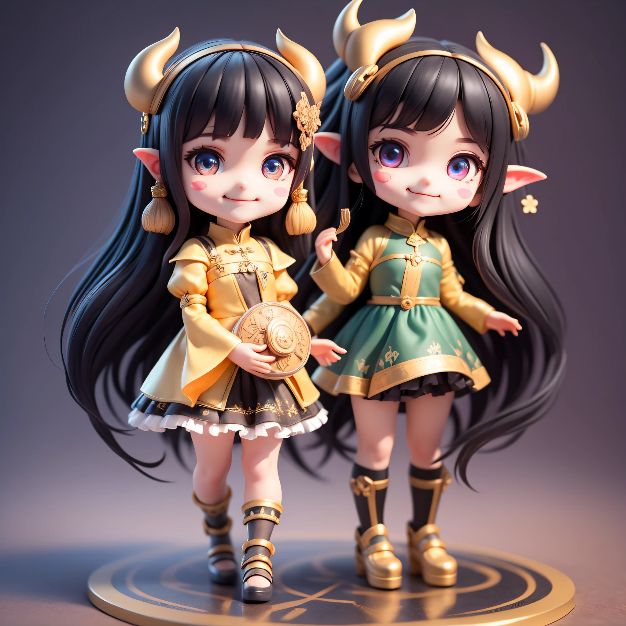 (masterpiece), (best quality), (super detailed), (full body: 1.2), 1 girl, chibi, cute, smile, hell, demon cosplay, blush, : 3, long hair, demon wings, blurry, black hair, blush stickers, bangs, horns on the head, (beautiful detailed face), (beautiful detailed eyes), full body, being in a magic circle,
