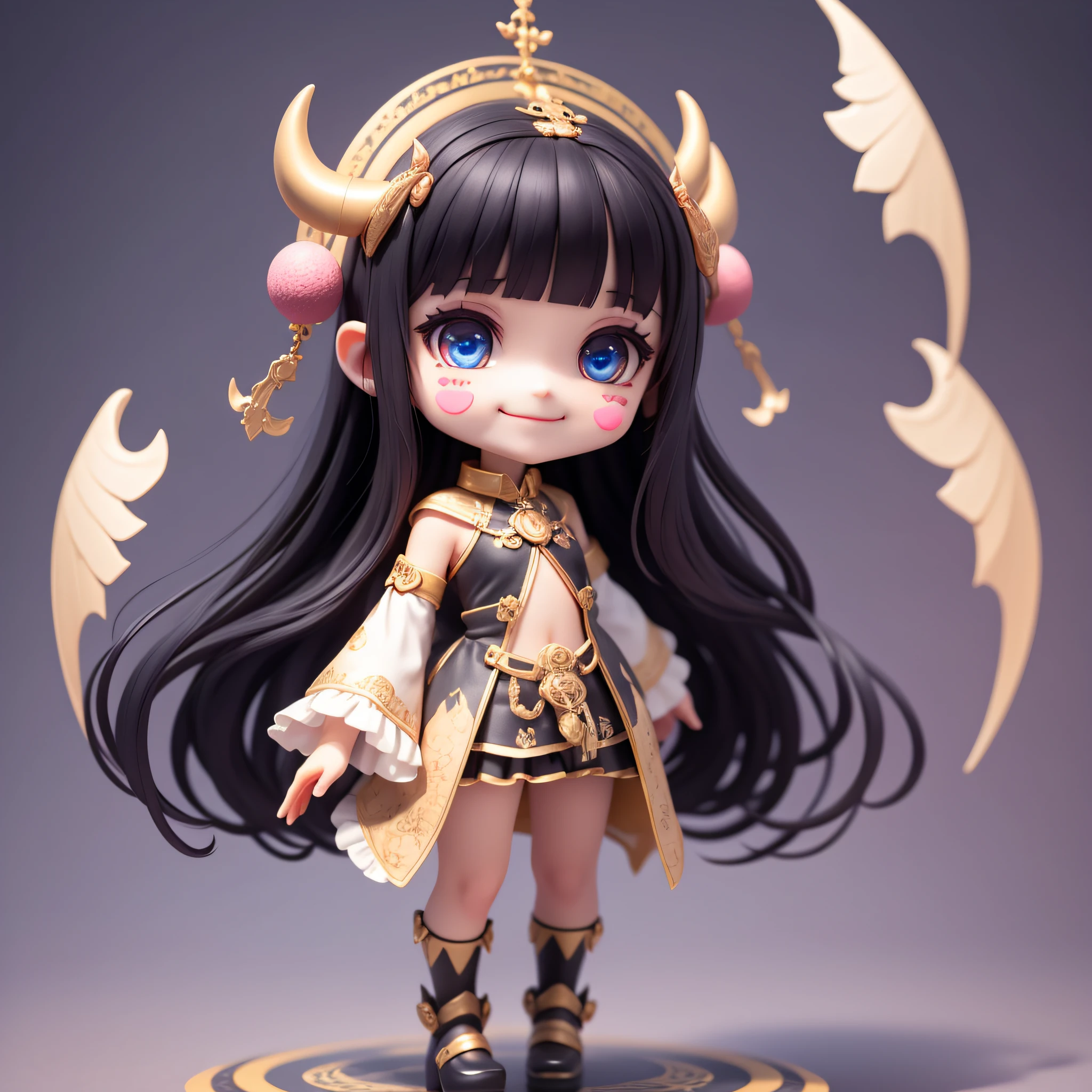 (masterpiece), (best quality), (super detailed), (full body: 1.2), 1 girl, chibi, cute, smile, hell, demon cosplay, blush, : 3, long hair, demon wings, blurry, black hair, blush stickers, bangs, horns on the head, (beautiful detailed face), (beautiful detailed eyes), full body, being in a magic circle,