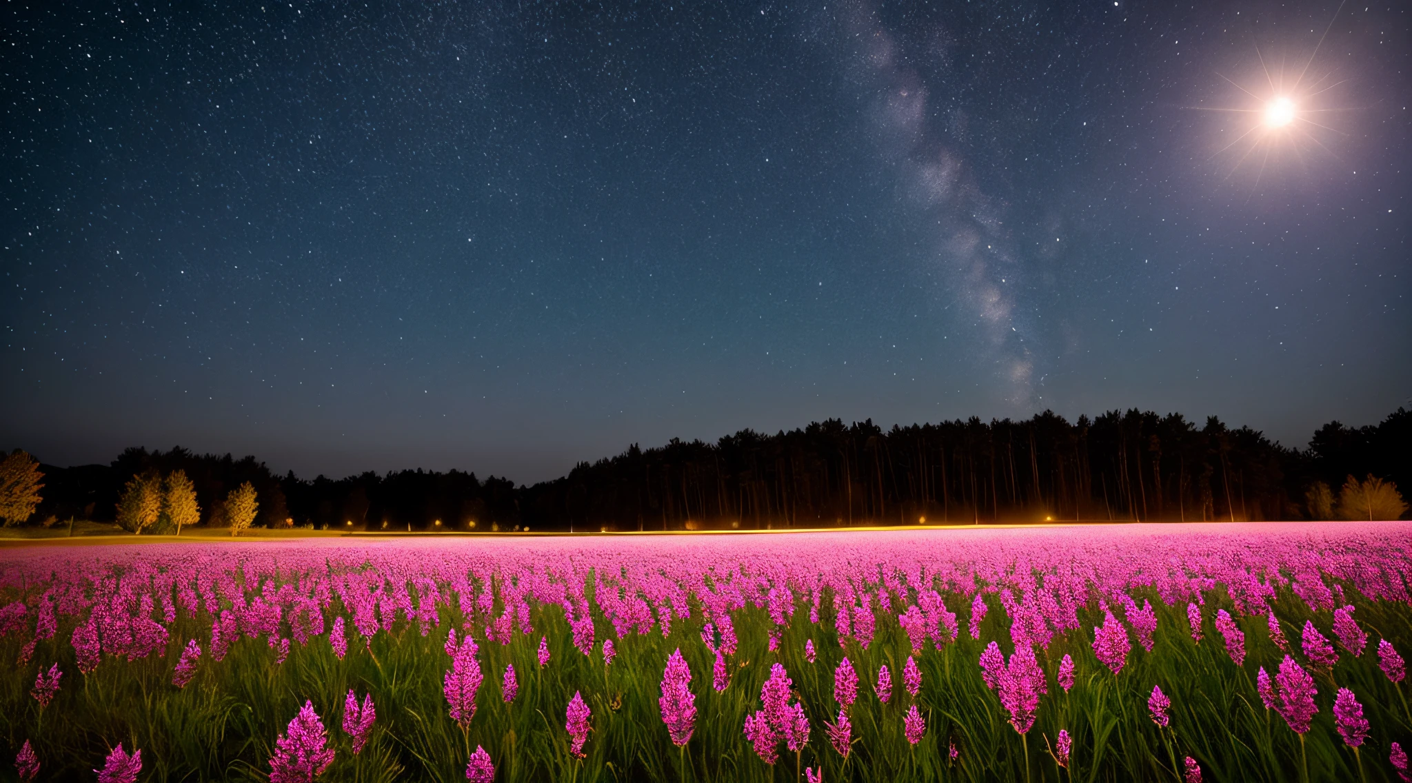 night field with a glowing ghost flowers, heather,, Stars, detailed