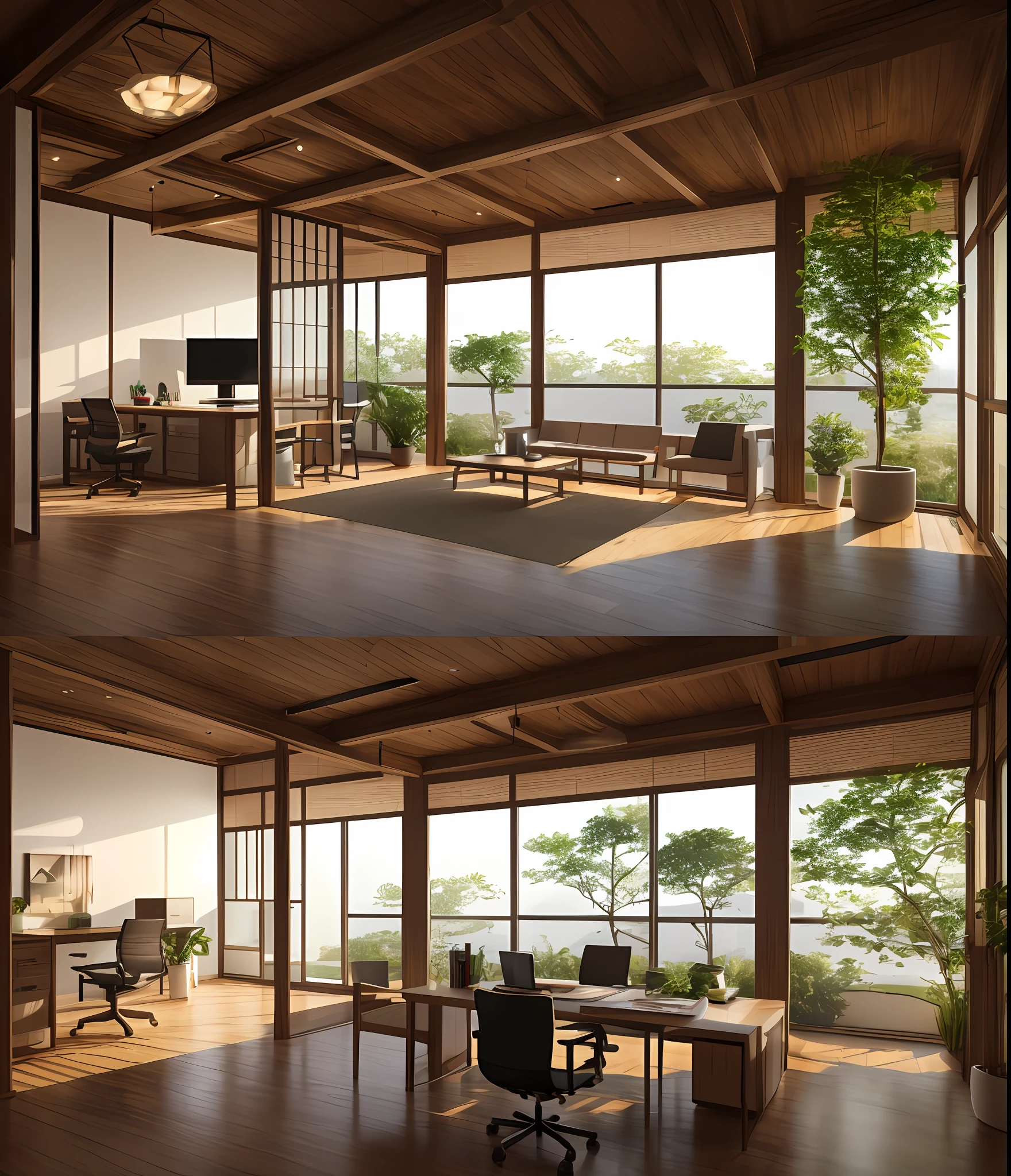 3D, office scene, greenery, Japanese log style, natural light, soft lights, Tyndall effect, Corona Render --q 2 --v 5 --auto