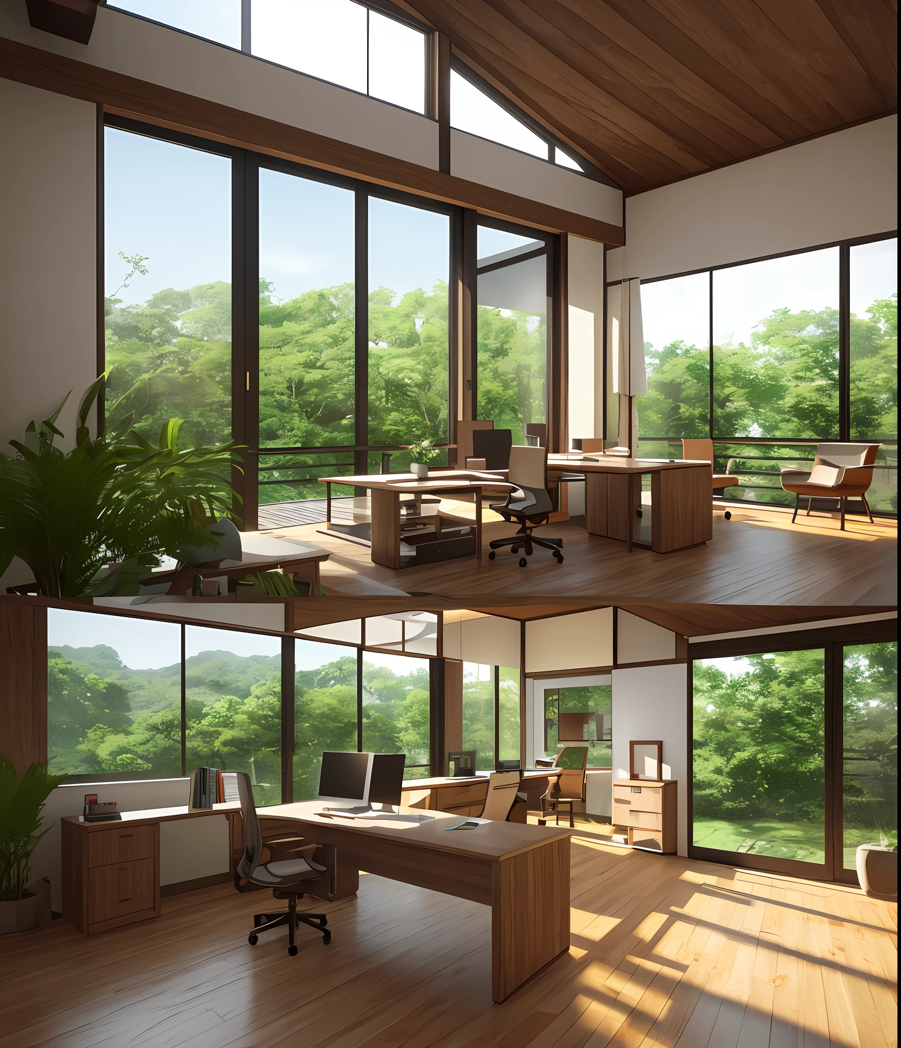 3D, office scene, greenery, Japanese log style, natural light, soft lights, Tyndall effect, Corona Render --q 2 --v 5 --auto