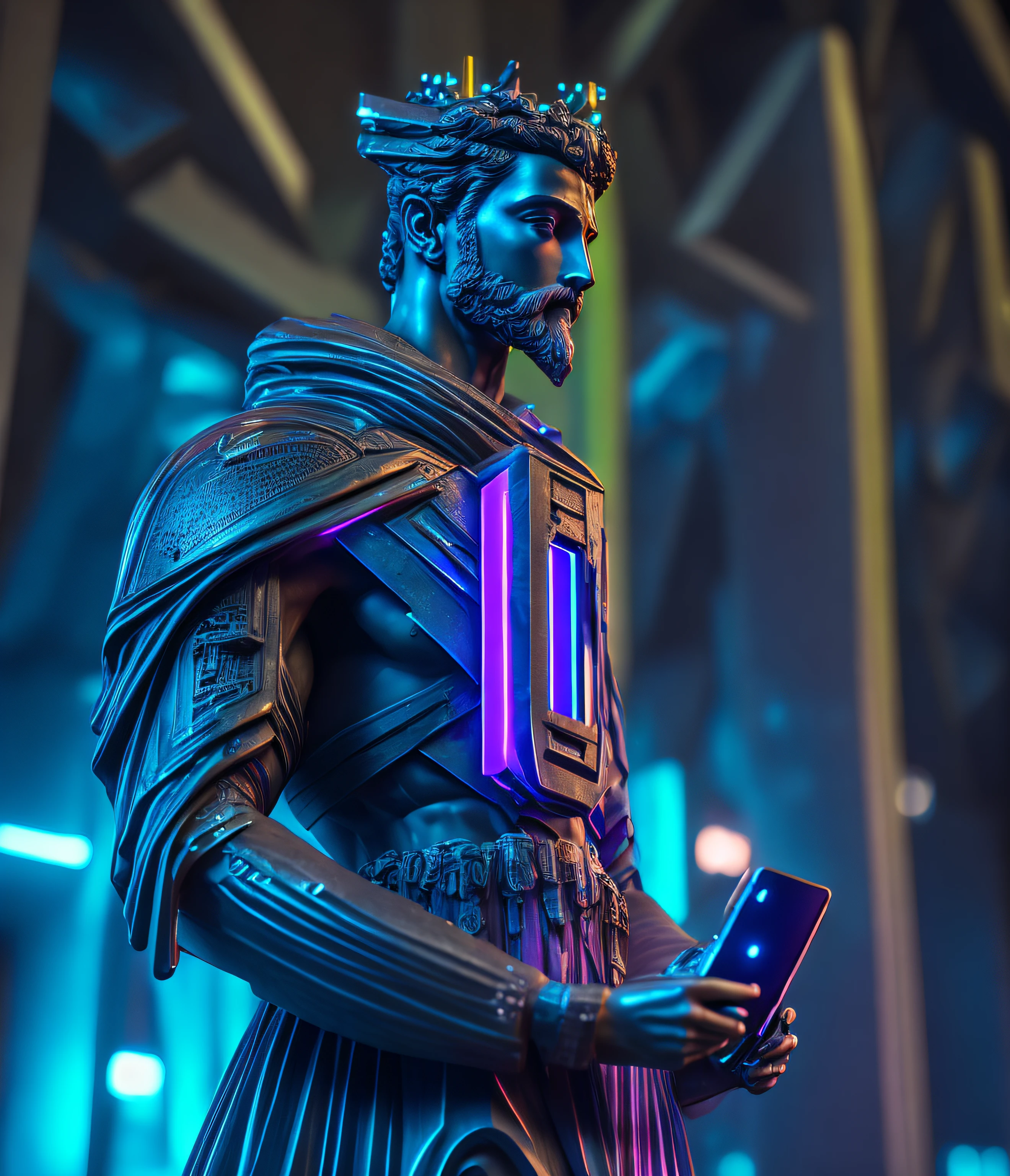 Portrait of Greek statue with intricate angular cybernetic implants inside a brutalist building, usando Oculos VR futuristico, holding in your hands a holographic smartphone, fundo preto com linhas neon, Cyberpunk, Foto premiada, Bokeh, neon lights, membro cyber