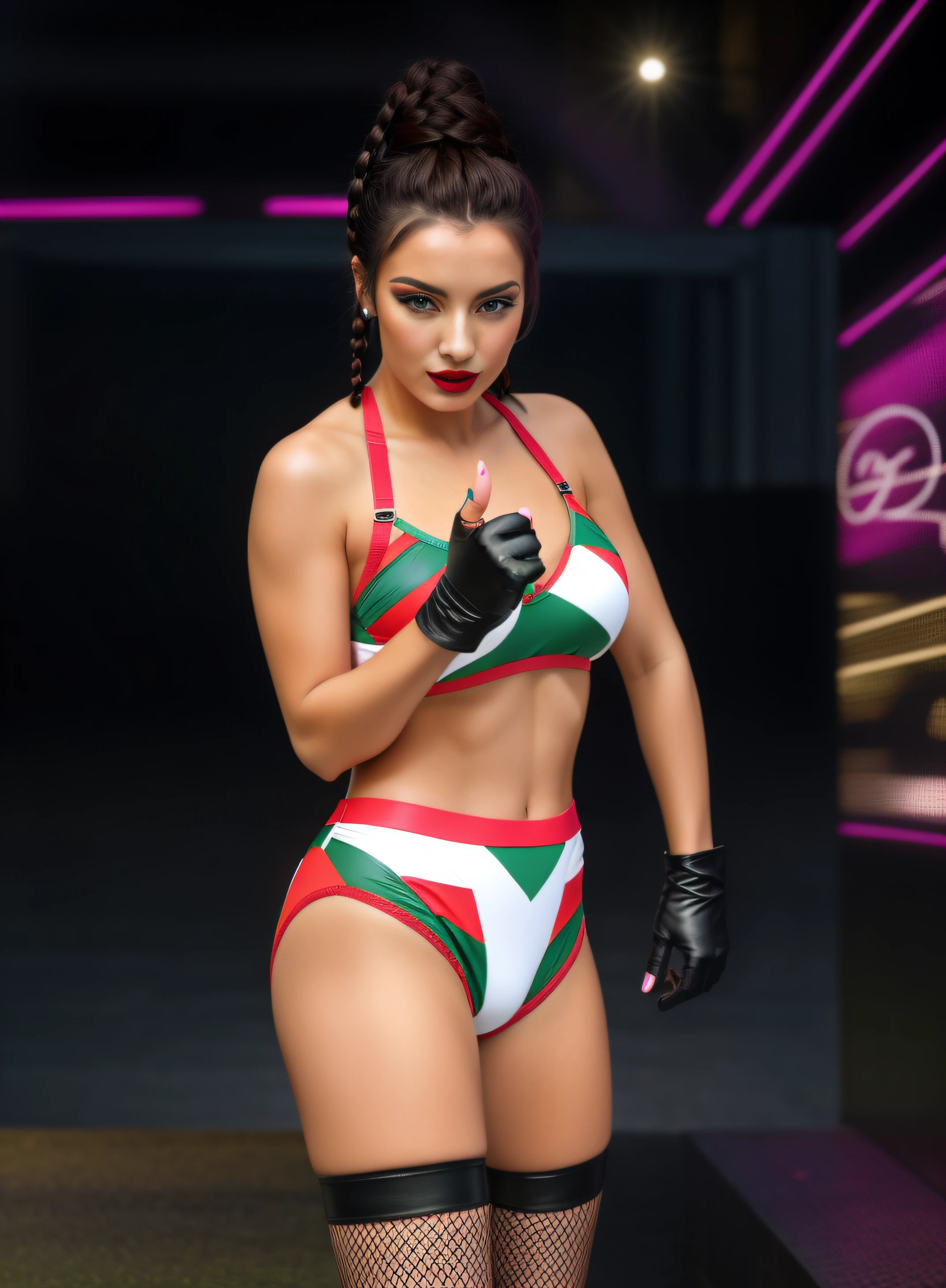 long braided dark-haired Italian woman, in red green and white bra, red green and white trunks, black leather gloves, pink fingernails, black fishnet leggings, wearing makeup and lipstick, photo realistic, intricate details