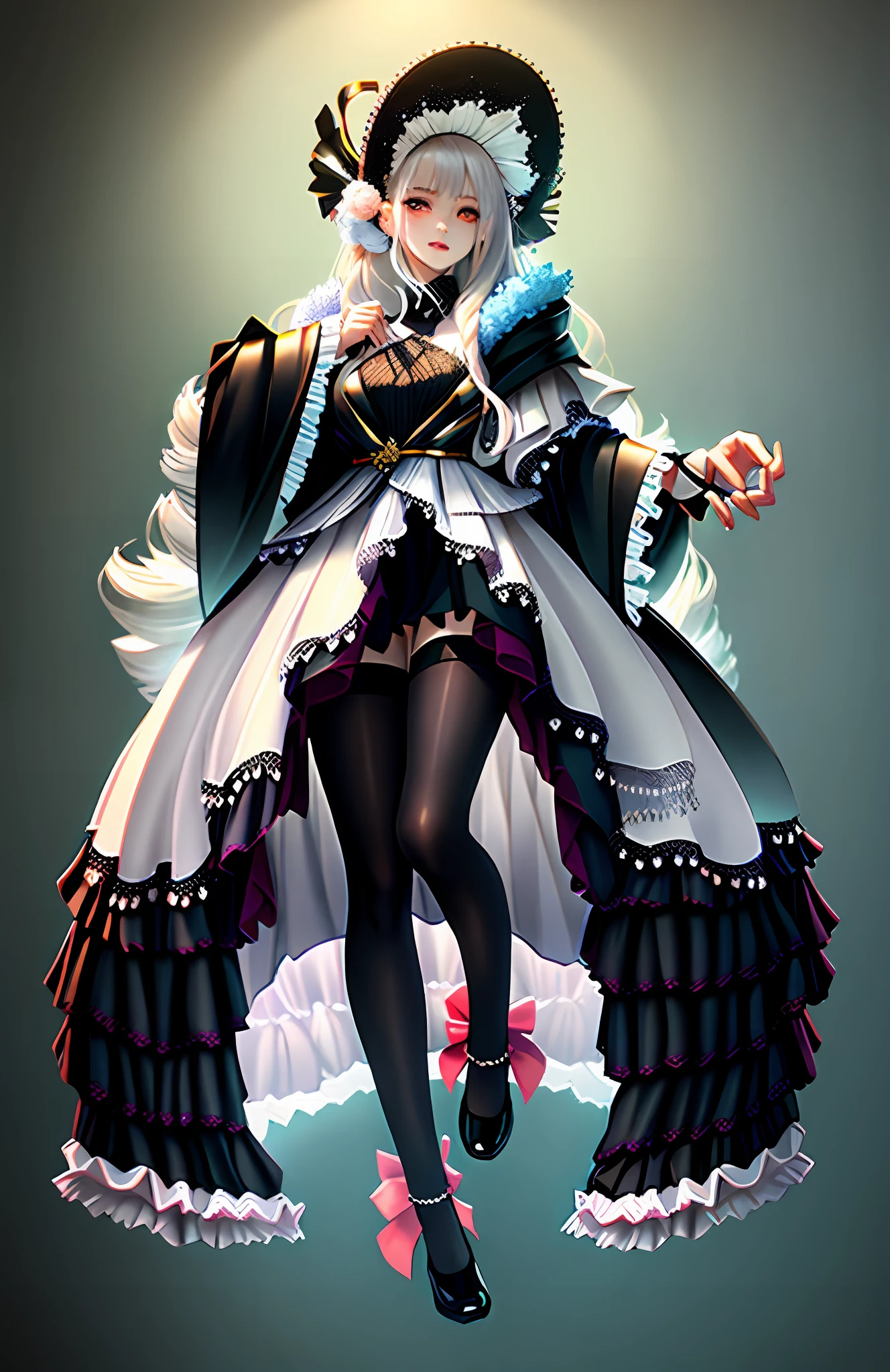 Temperamental royal sister，Black gothic dress，Silvery-white hair，Sapphire color eyes，Wear stockings，Small leather shoes