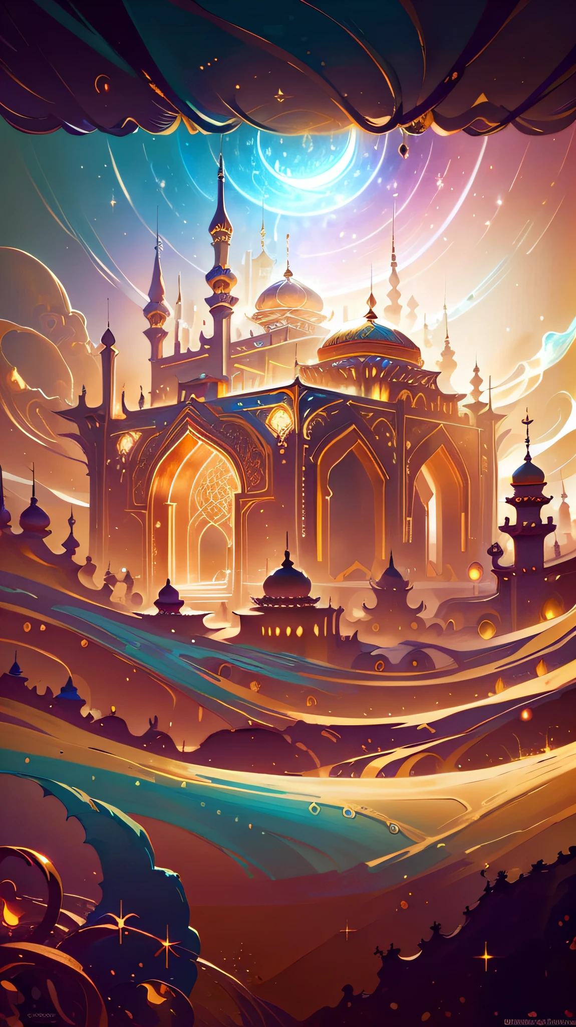 multi layered and multi dimensional paper cut craft, paper illustration, paper quilling, 3D, A colorful illustration of a mosque with a crescent moon and stars in the night sky, Eid Mubarak greeting card design on a black background, muslim eid al fitr festivity, festive and cheerful design with confetti and balloons, fractals, beautiful color grade, magical mystical scenic paper quilling landscape, DMT, 32k, 16k, Ultimate Perfect Beautiful Epic Composition, Extremely-Detailed, Intricate Designs, TanvirTamim, rim light, super detailed, ultra realistic, photo realistic --auto
