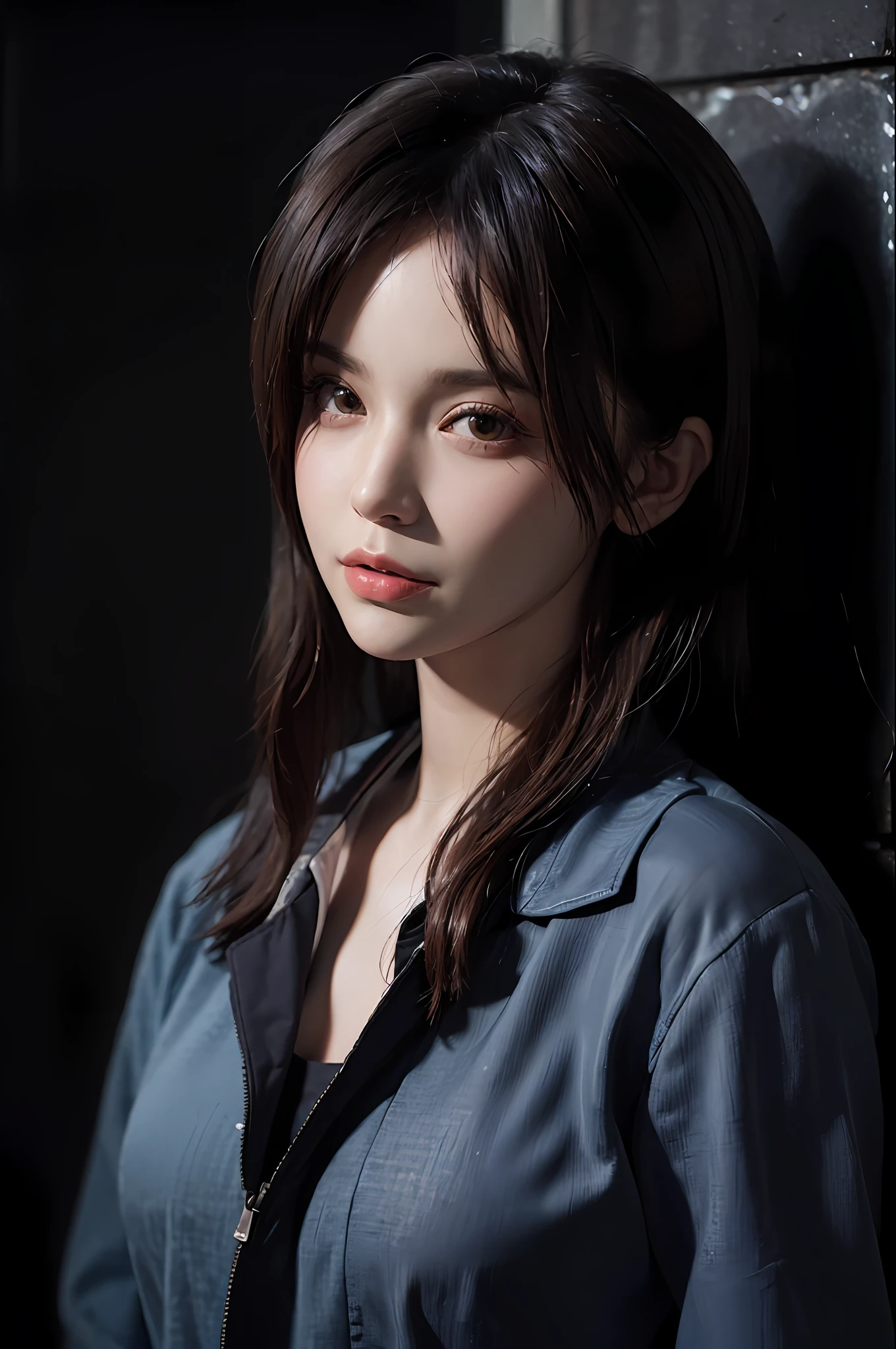 (front focus), (in the dark:1.6), Hyperrealist portrait of female by david hockney and alphonse mucha, fantasy art, photo realistic, dynamic lighting, artstation, poster, volumetric lighting, very detailed faces, 4 k, award winning, 1girl, in the dark, deep shadow, low key, cowboy shot, (official clothing:1.4), long hair, white hair