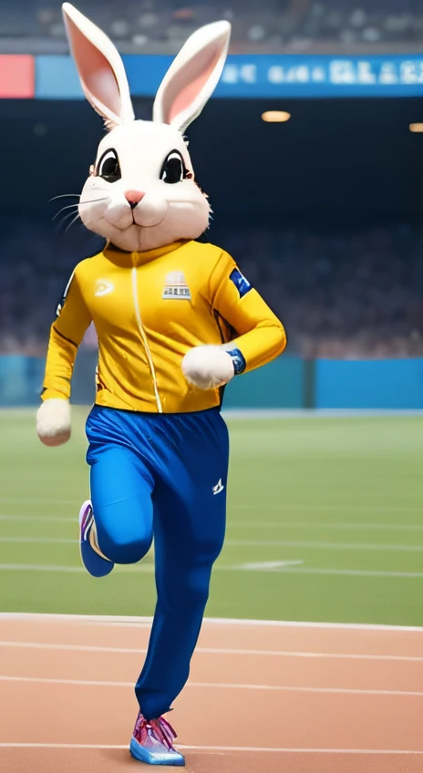 araffe running on a track with a bunny costume on, sports mascot, sports team mascot, anthropomorphic rabbit, full body mascot, rabbt_character, official screenshot, electrixbunny, sprinting, football mascot, wearing track and field suit, bunny suit, bunny leg, plush mascot, photo render, chappie in an adidas track suit