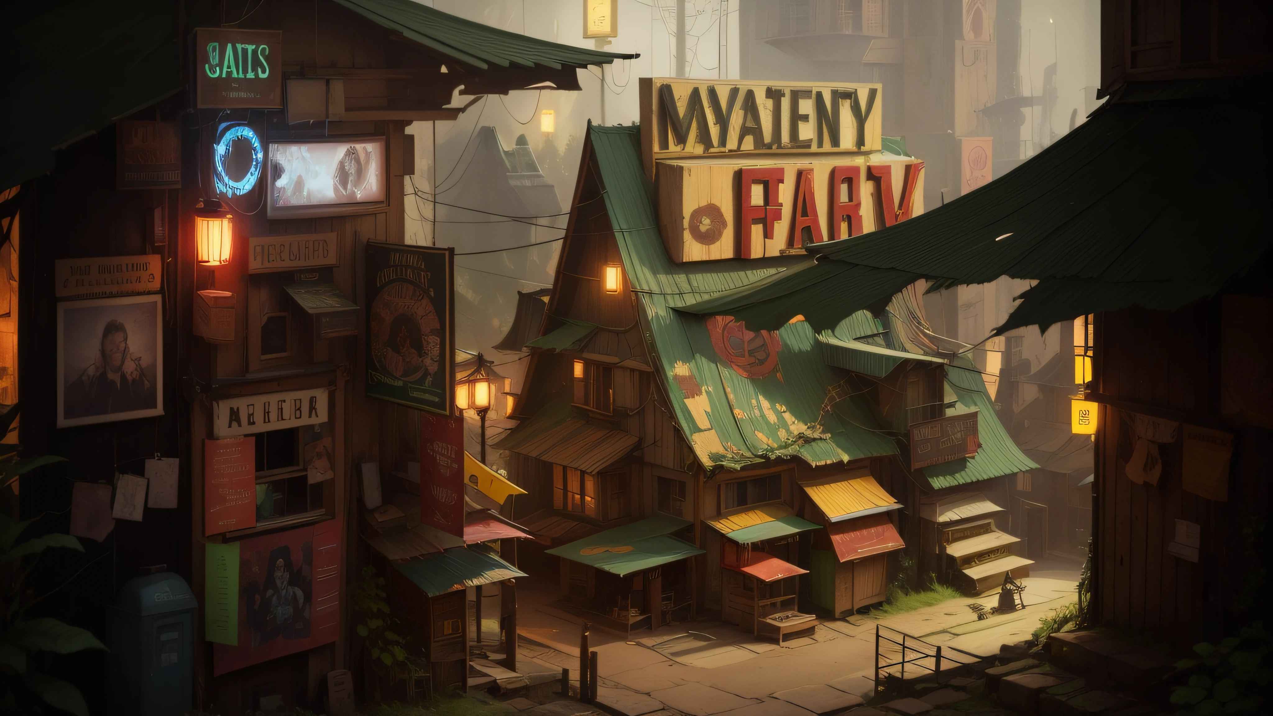 gravity falls, background, mistery, fantasy, cinematographic light, neon --auto