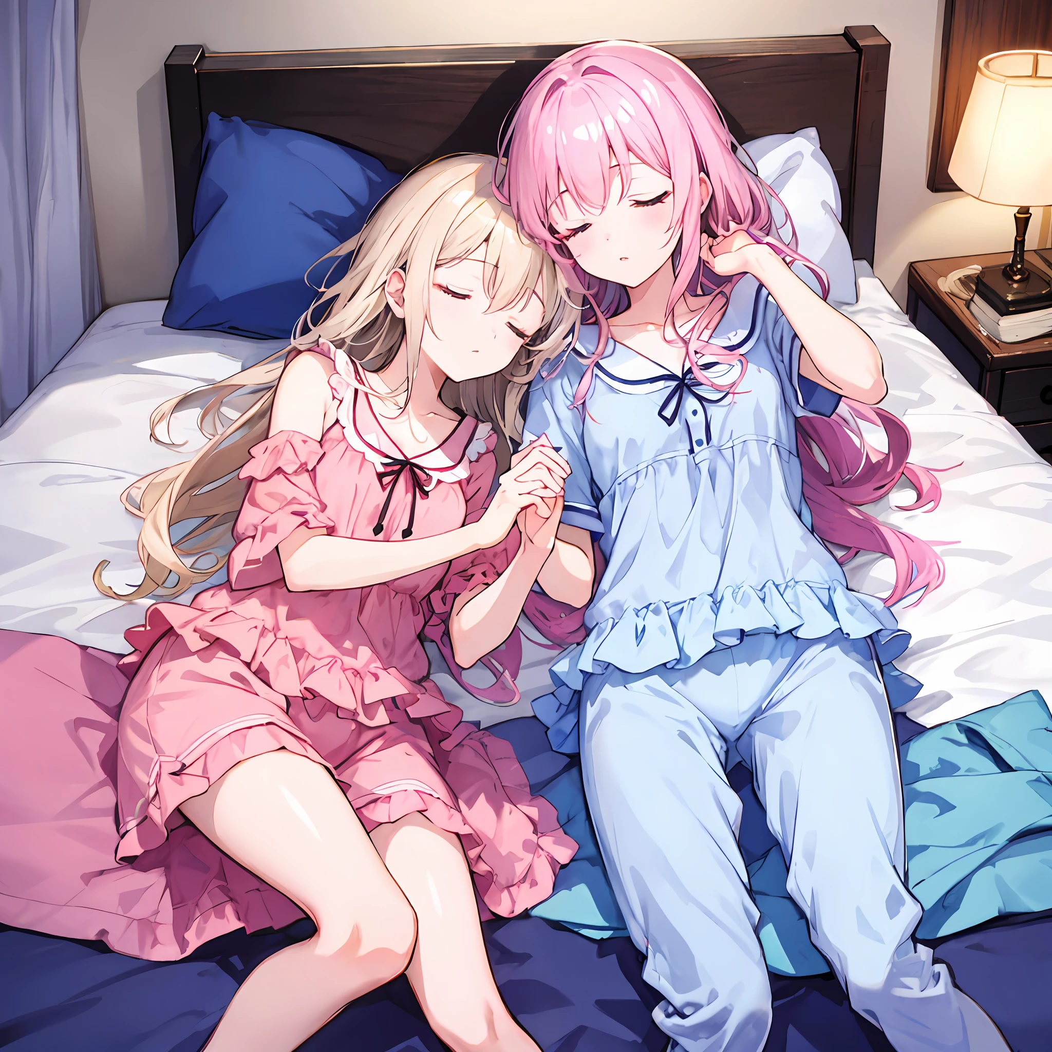 maximum quality、masterwork、Highresolution、extremely detailed、8K、only girl、a Pretty、Anime、Crystal clear white skin、Functional、Um corpo inteiro、、14yo、(Hair color is shiny ght pink)、Cute summer pajamas、Sleep like dead on a beautiful cute bed、Sleep comfortably、Disturbed clothing、Midnight、Two people sleeping hand in hand