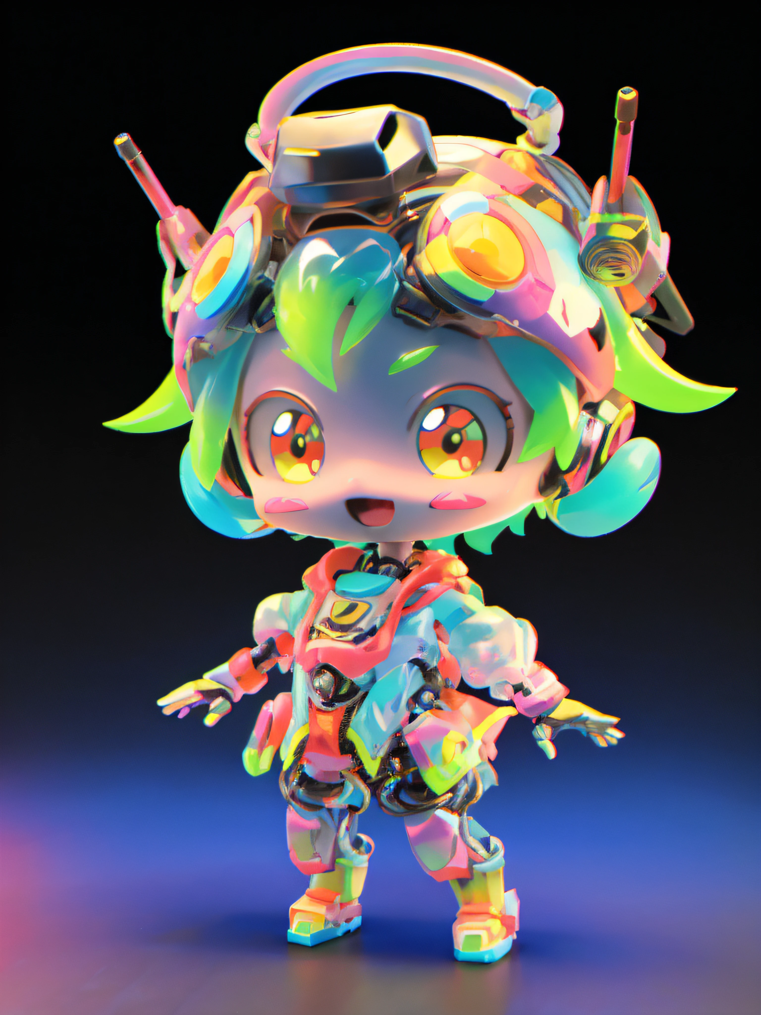 a close up of a toy with a colorful hair and a hat, anime robotic mixed with organic, stylized anime, pop japonisme 3 d ultra detailed, colorful vivid octane render, 3 d render stylized, 4 k octan render, cute 3 d render, anime styled 3d, render of a cute 3d anime girl, cute cyborg girl