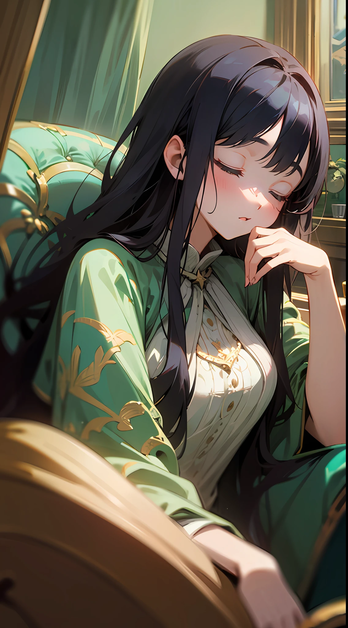 maximum quality、Intrincated detailed、8K、４K、Highresolution、Intrincated detailed、brunet、（Beautiful girl with long hair with black hair）、Upper body is shown、Light green nightwear、Witch's Room、Scantily、(Fantasy world)、((Sleeping in a rockin' chair))、dimly lit room、