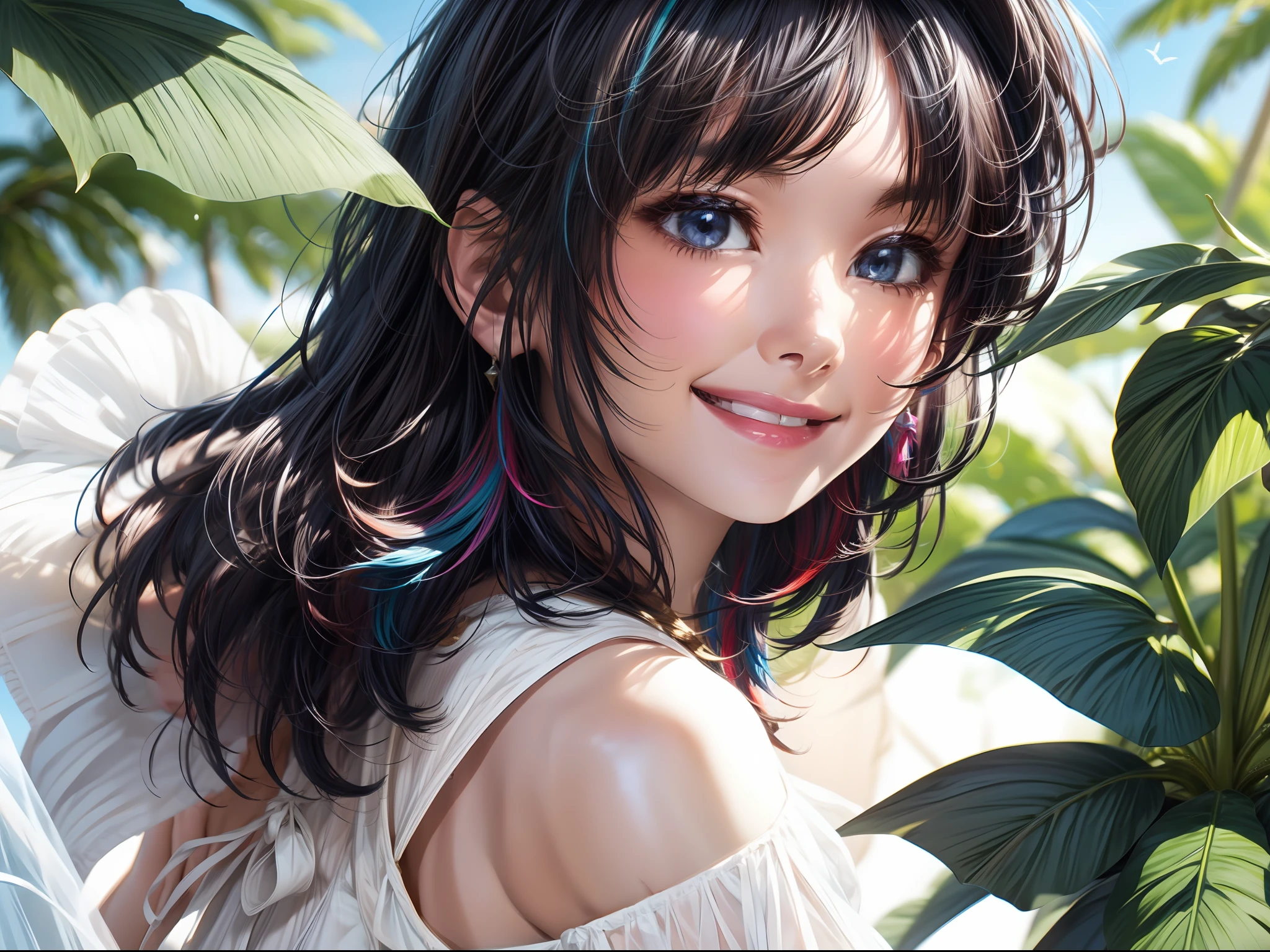 (masterwork)、Ultra-detail、in 8K、Reference sketch of beautiful girl gal girl wearing white dress that is transparent in sunlight、She has short hair and、Black hair、The inner color of the hair is colorful、Ultra-realistic and sharp details、Intricate and intricate details、style、Cheerful frolicking smiling with summer beach in the background Illustration