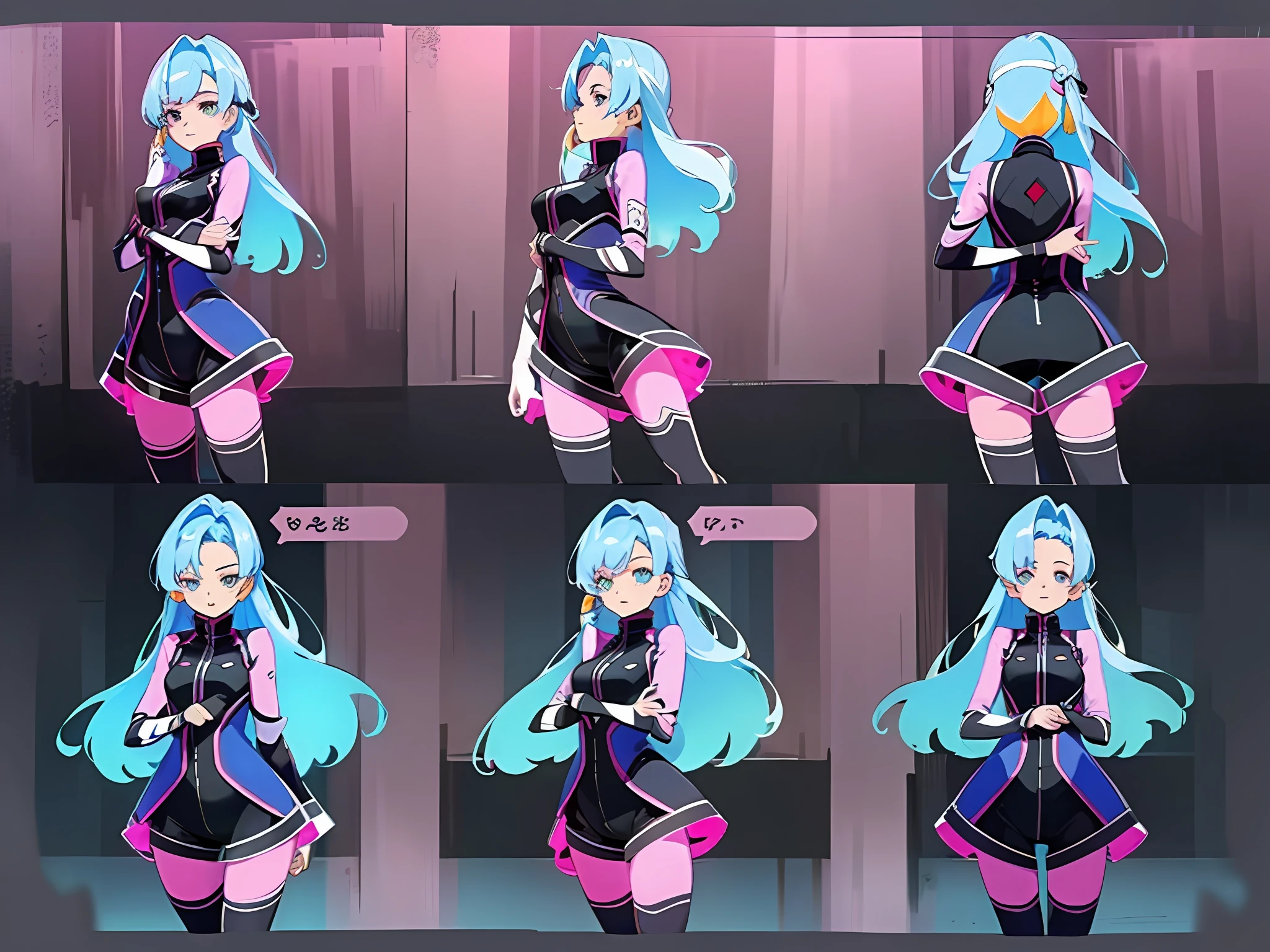 ((Masterpiece)),(((Best quality))),（character design sheet,Same character full body,front facing,Lateral face,back of back),illustration,1个gal girl,Hair color,Hair bangs,hairstyle fax,Eyes,The environment changes,Pose Zi too，，Fashion star，sao，Hit the singing suit，（simplebackground，fondo blanco：1.3）
