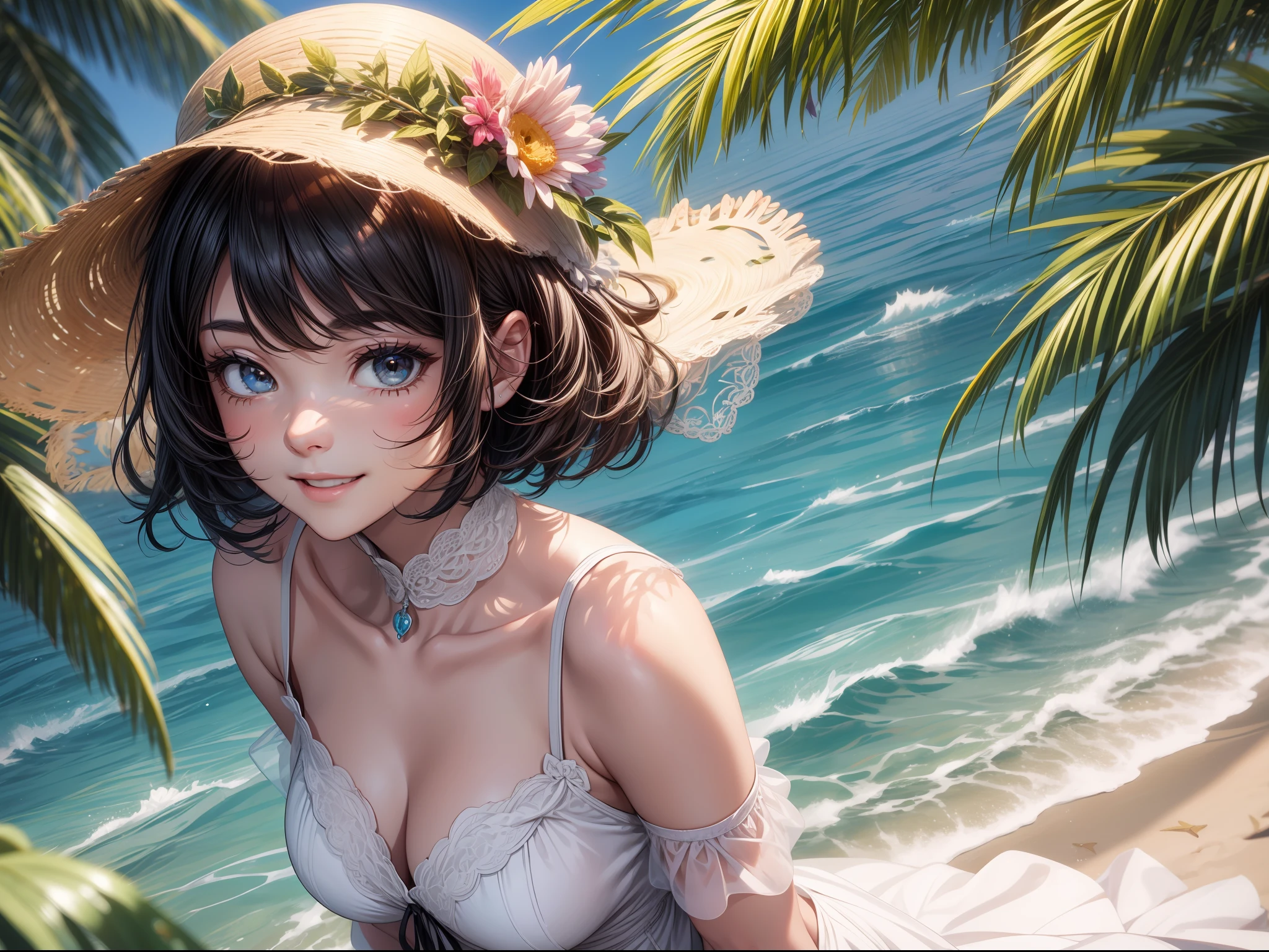 (masterwork)、Ultra-detail、in 8K、Reference sketch of beautiful girl gal girl wearing white dress that is transparent in sunlight、She has short hair and、Black hair、The inner color of the hair is colorful、Ultra-realistic and sharp details、Intricate and intricate details、style、Cheerful frolicking smiling with summer beach in the background Illustration