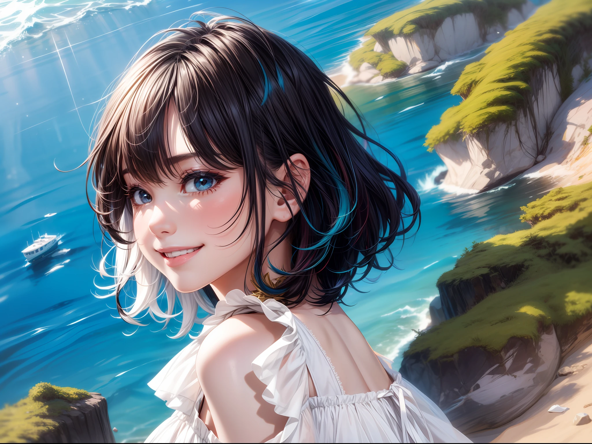 (masterwork)、Ultra-detail、in 8K、Reference sketch of beautiful girl gal girl wearing white dress that is transparent in sunlight、She has short hair and、Black hair、The inner color of the hair is colorful、Ultra-realistic and sharp details、Intricate and intricate details、style、Cheerful frolicking smiling with summer beach in the background Illustration