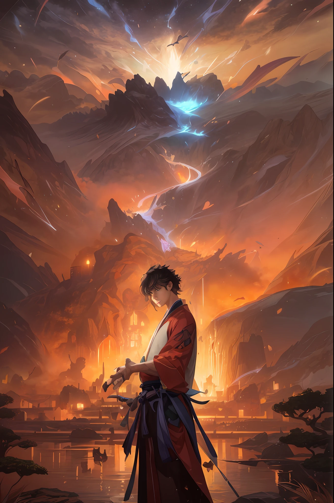 A man in Hanfu standing in front of the mountain, shinkai,Cyril Rolando, anime epic artwork, 4k highly detailed digital art, Detailed digital art, Anime wallpapers,8 K