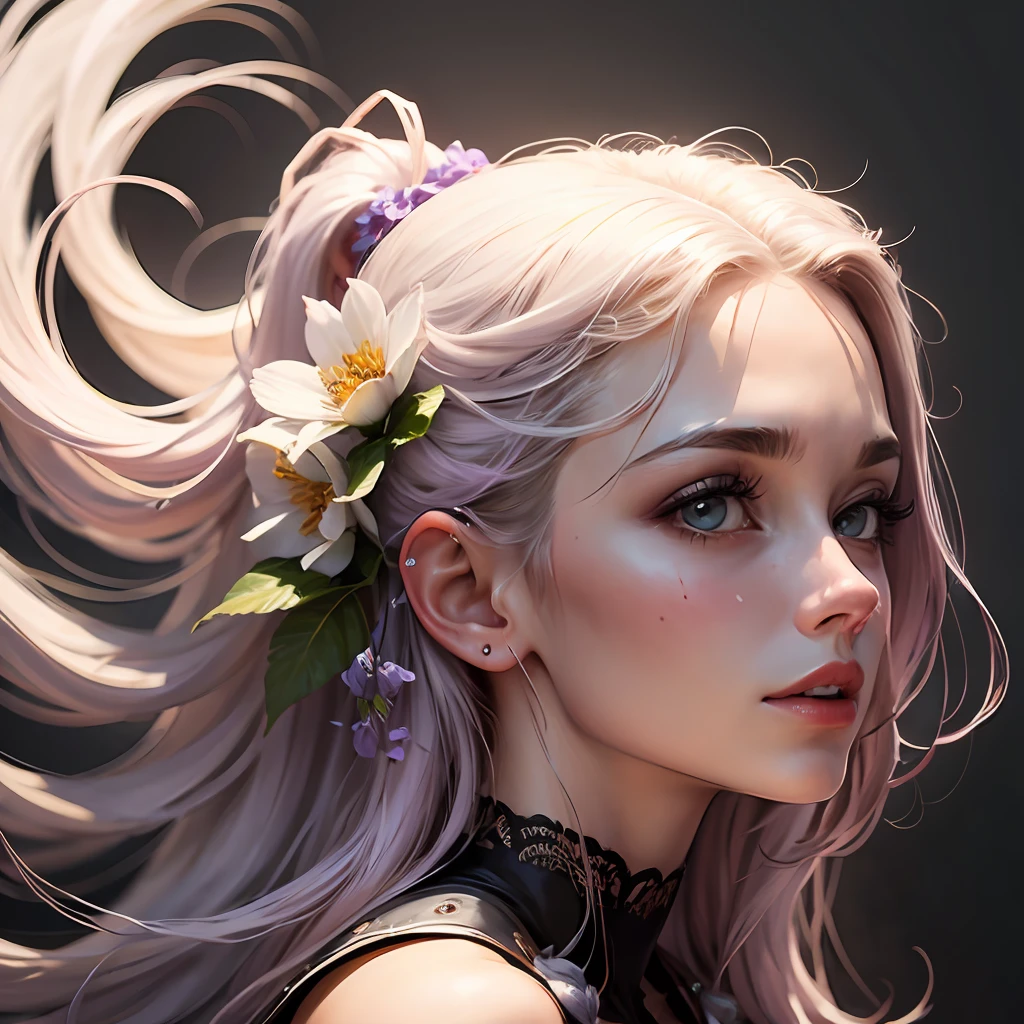 Uma mulher com cabelos longos e ondulados, com borboletas e flores em volta do cabelo. --auto --s2