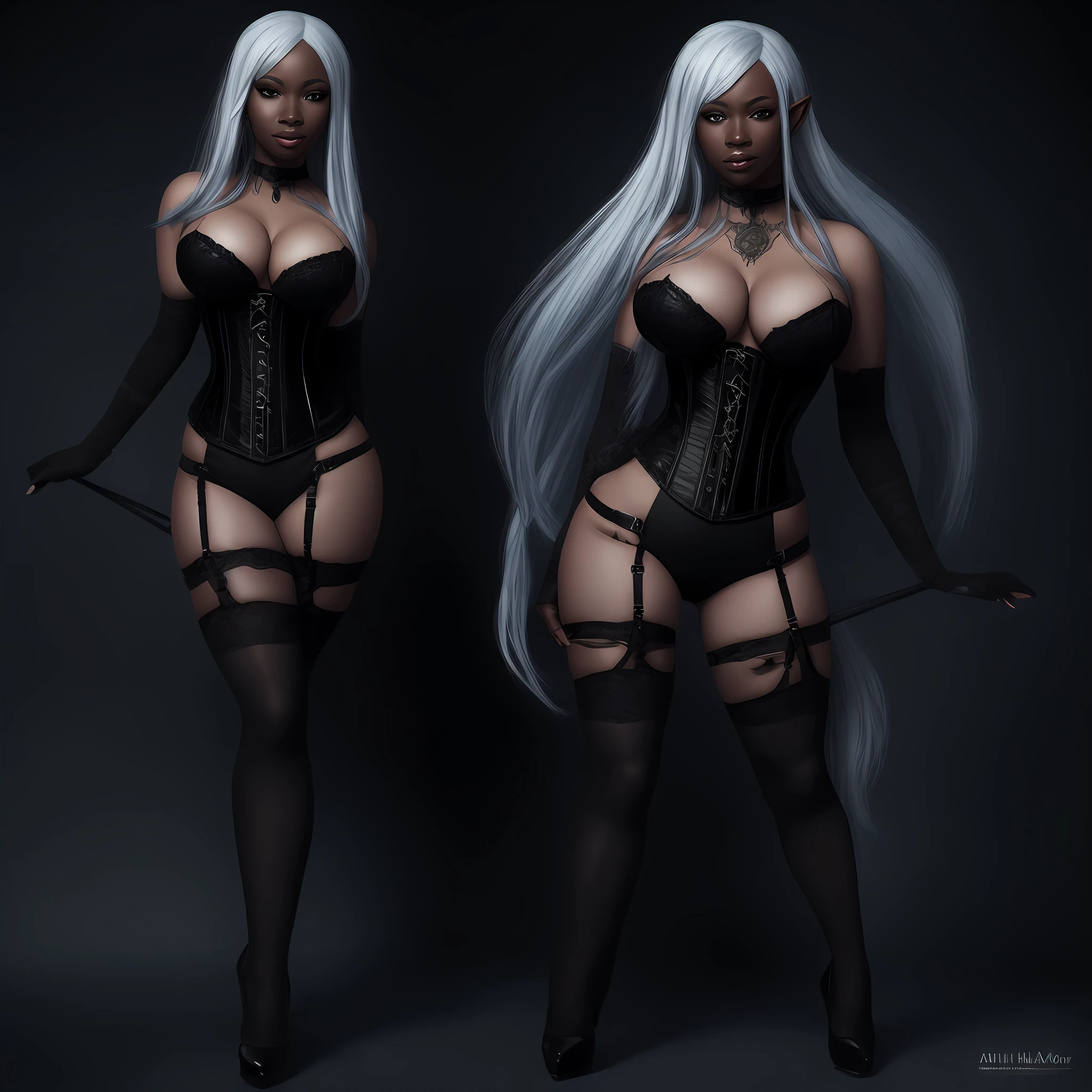 A trans drow elf woman, huge implanted breasts, large, stockings, garterbelt, corset, high heels, black skin, white hair. --auto