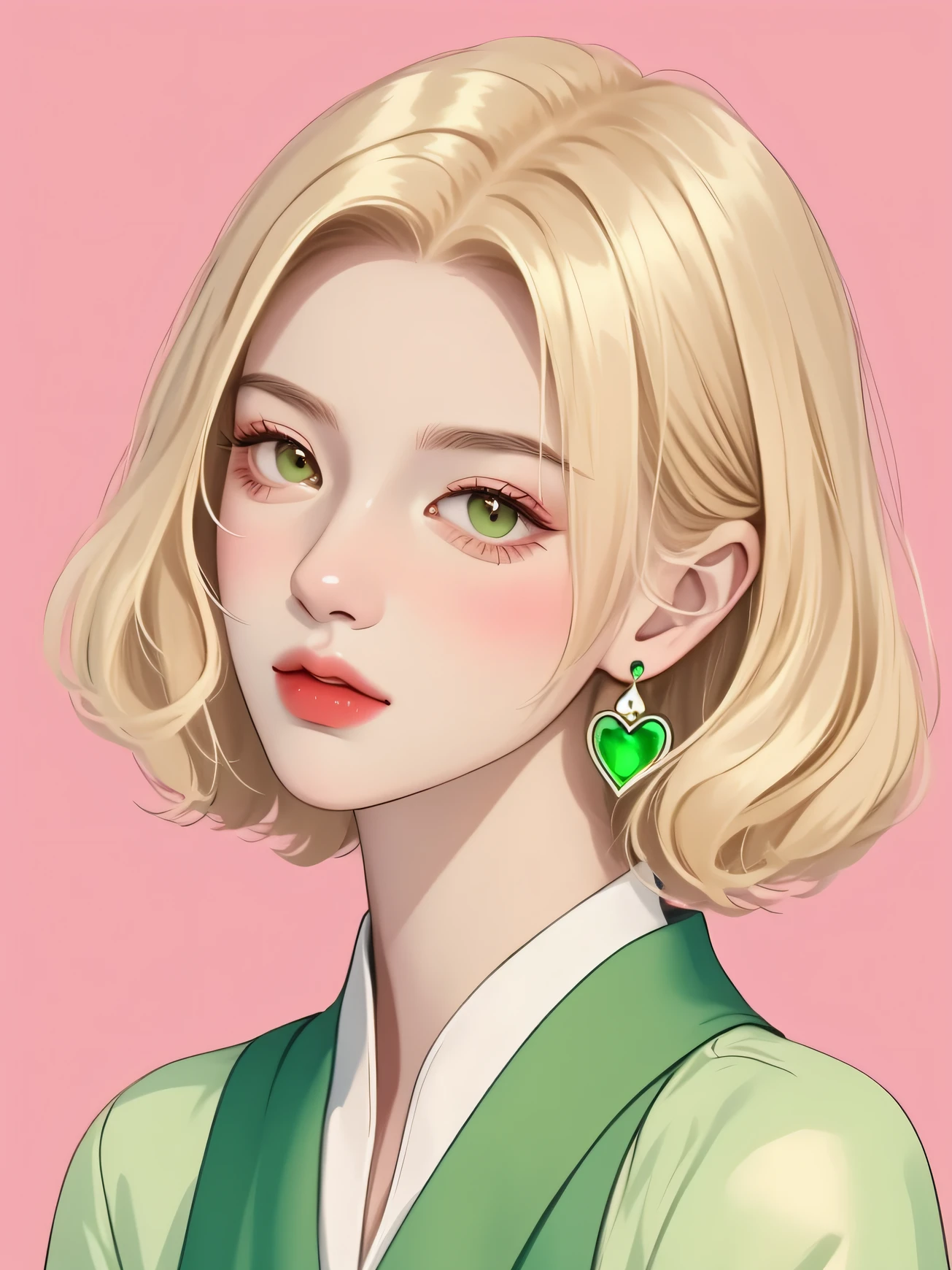 sthe highest qualit，master-piece，a pregirl，short blond hair，Hair is slightly curly，（Green apples），Pale green heart-shaped earrings，Collar，（Green and white clothing），（Delicate hair portrayal），（Delicate brown eyes depicted），（Delicate portrayal of facial features），独奏，Portrait depiction，solid color background，Sense of brokenness