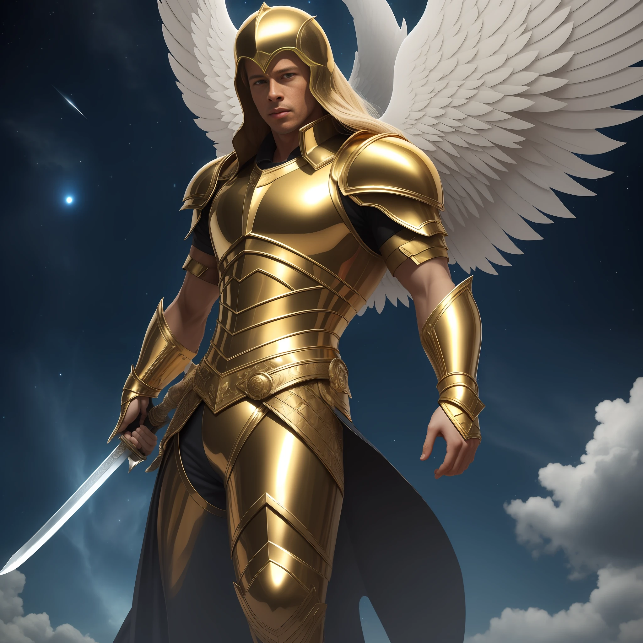 Michael Archangel with one sword. brad pitt face (1.2). alone. full body. Gold and silver armor. detailed beautiful face. facing camera. Dark atmosphere. big white wings (1.2). Extremd long blond hair (1.2). almond blue eyes. night sky. 8k, HDR, ultra realistic, realistic skin, masterpiece, best quality, high quality, photo realistic, ray tracing.