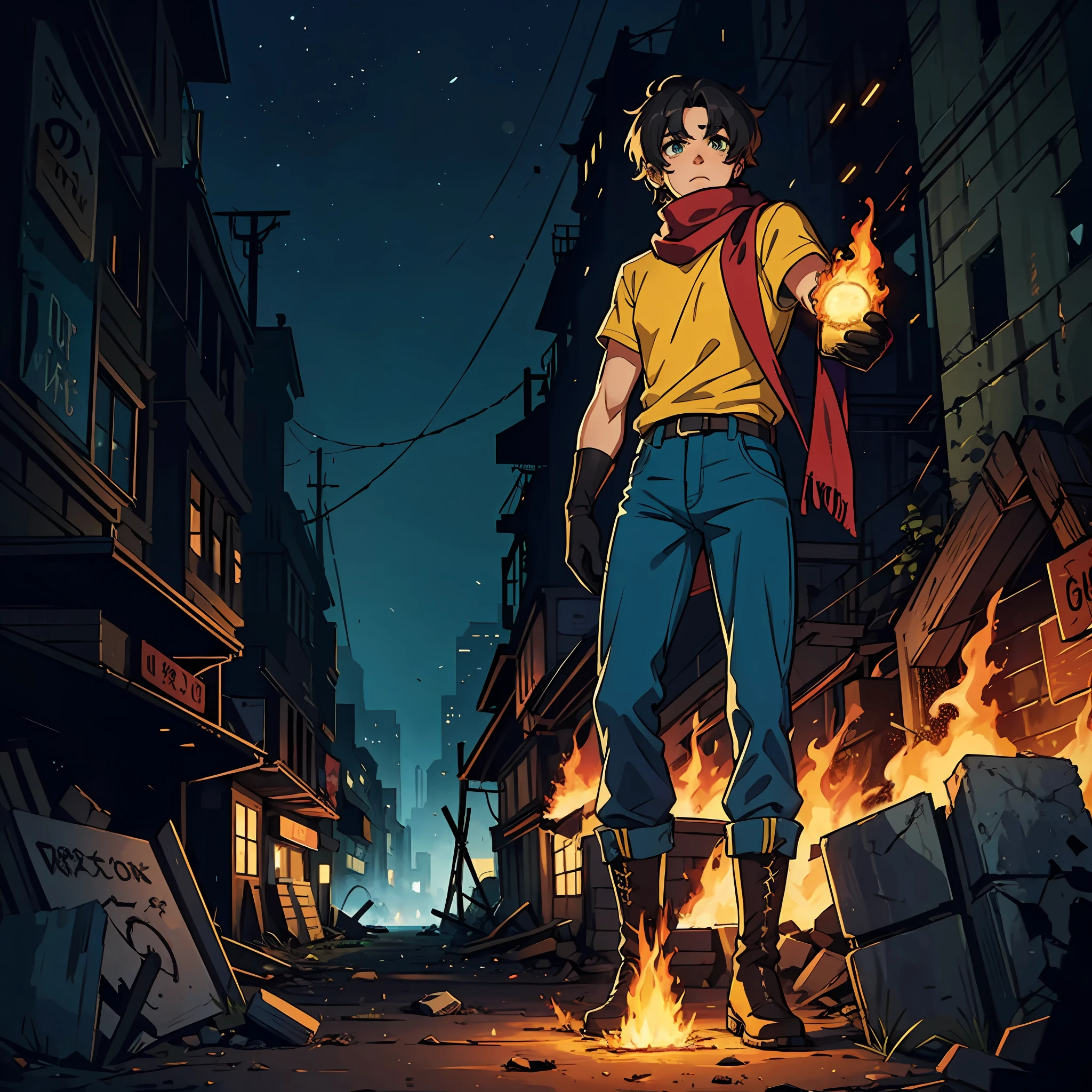 A boy, tall, black hair, abundant disheveled hair, brown skin, green eyes, a scar on his left eye, blue pants, high black boots, red scarf, yellow shirt, high black gloves, young, with one arm on fire, apocalyptic background, Ruins, destroyed city, at night, anime, 2d, cartoon, comic --maturemalemix