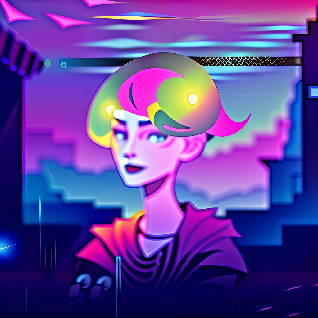 there is a woman with a colorful hat on her head, glowwave girl portrait, lofi artstyle, lofi portrait, Digital art style, dreamy colorful cyberpunk colors, cyberpunk artstyle, in style of digital illustration, synthwave art style, 2D illustration, cyberpunk artstyle, 2 d illustration, synthwave art style ]!!, 2d digital illustration
