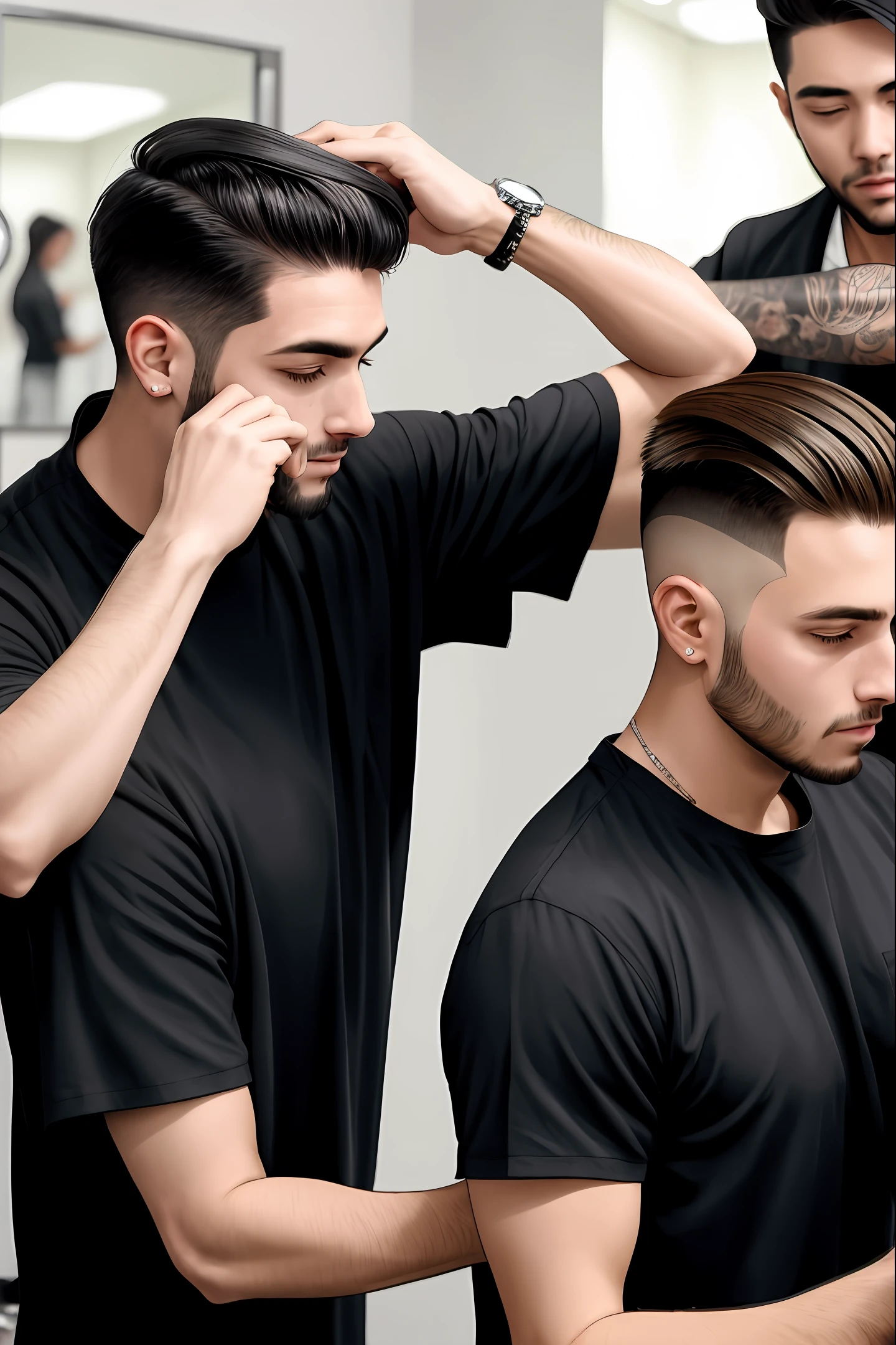 Men in salon with several clients cutting hair, The cut and social in gradient, foque mazi no corte de cabelo. A imagem realista