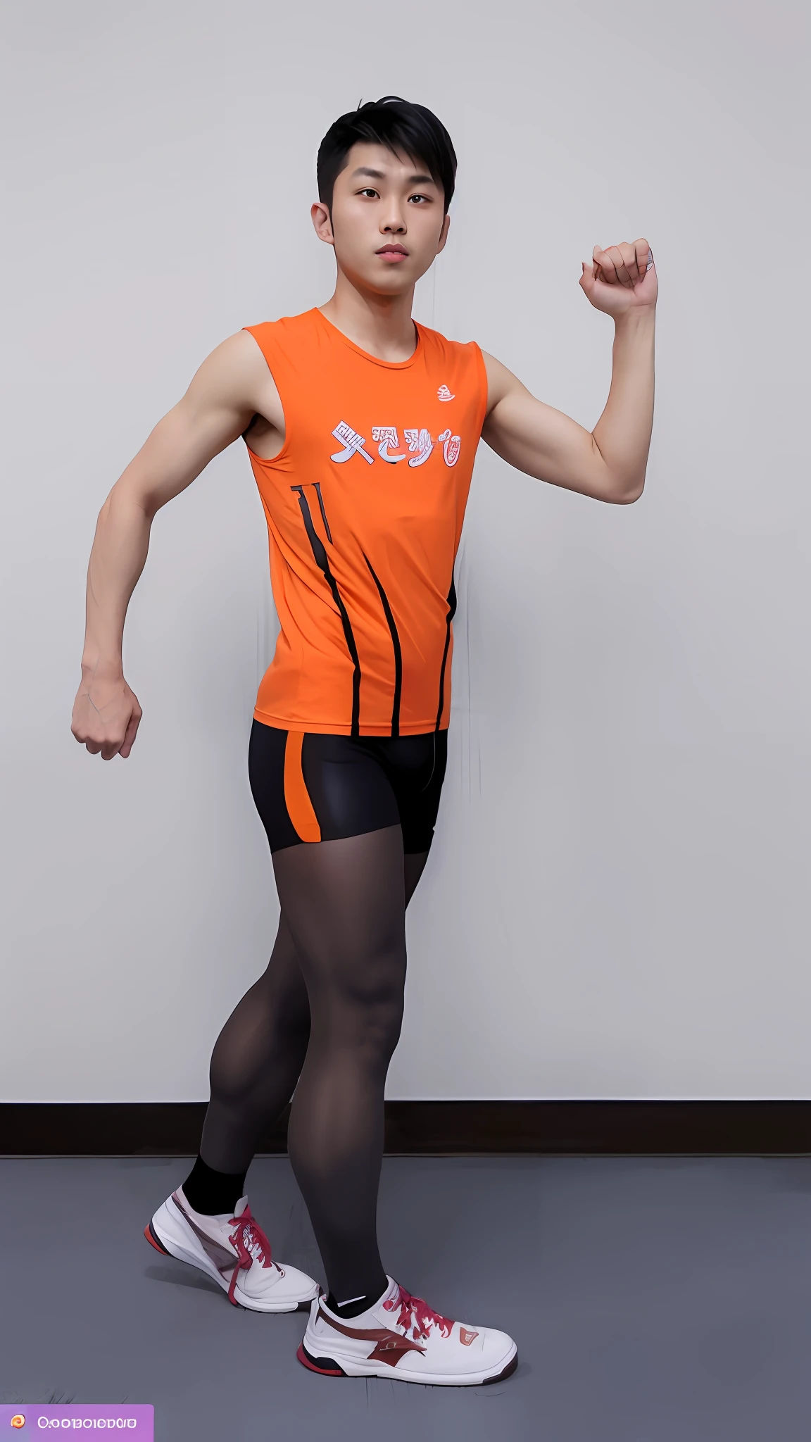 Man in orange shirt and orange shorts and pantyhose poses for photo, Wear athletics uniform and pantyhose, Highresolution,Realstic, photos, Wearing pantyhose, Wear tank top and shorts and pantyhose, professional sports style, sport clothing, Sporty physique, Athletic muscular Asian handsome man(Enhances the luster and contrast of pantyhose)
