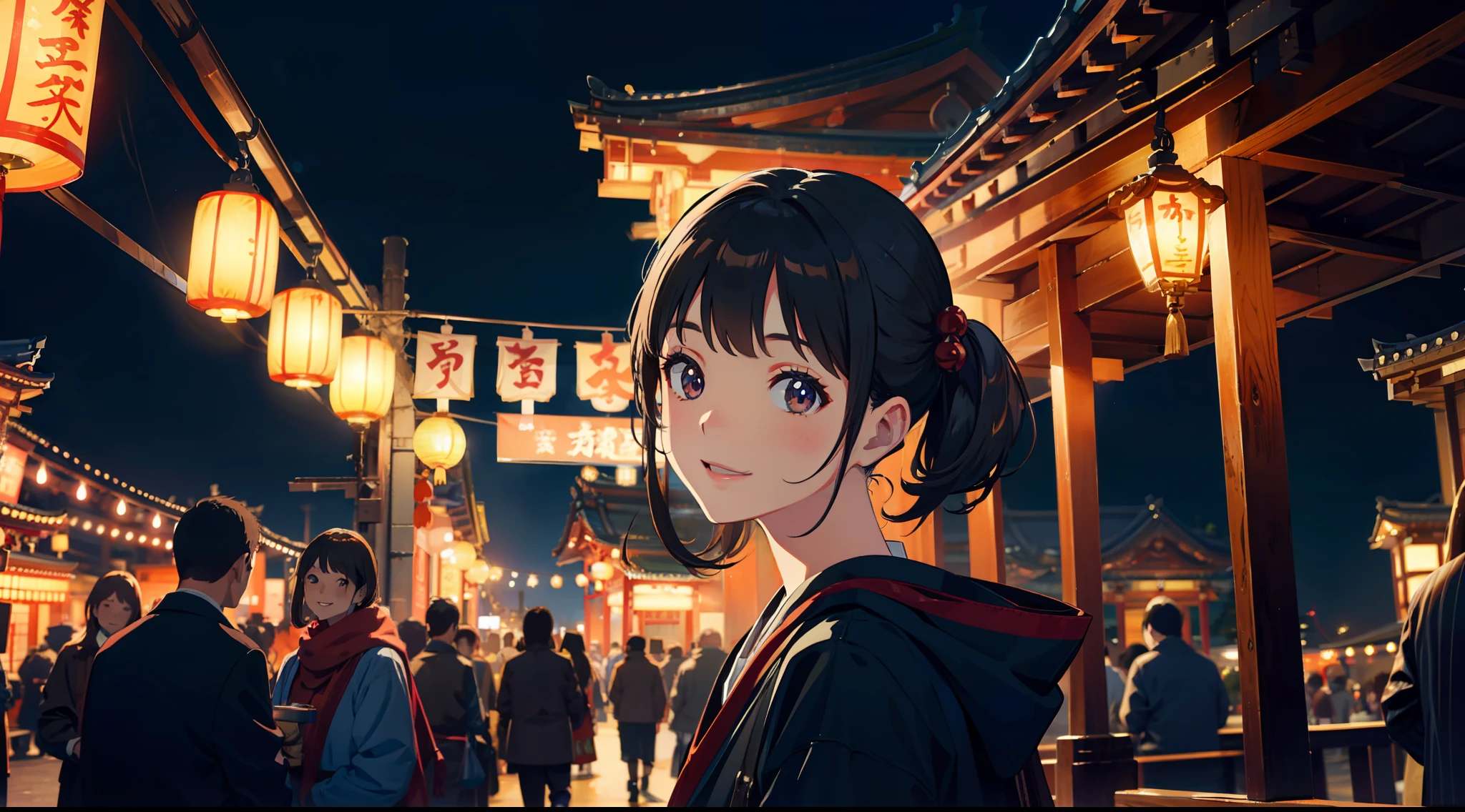 city, night, fukuoka, tenjin temple, new year festival, womman, beauty, smile, mature, casual, see up, tilting face, wide lens, taken with fuji film camera, hdr