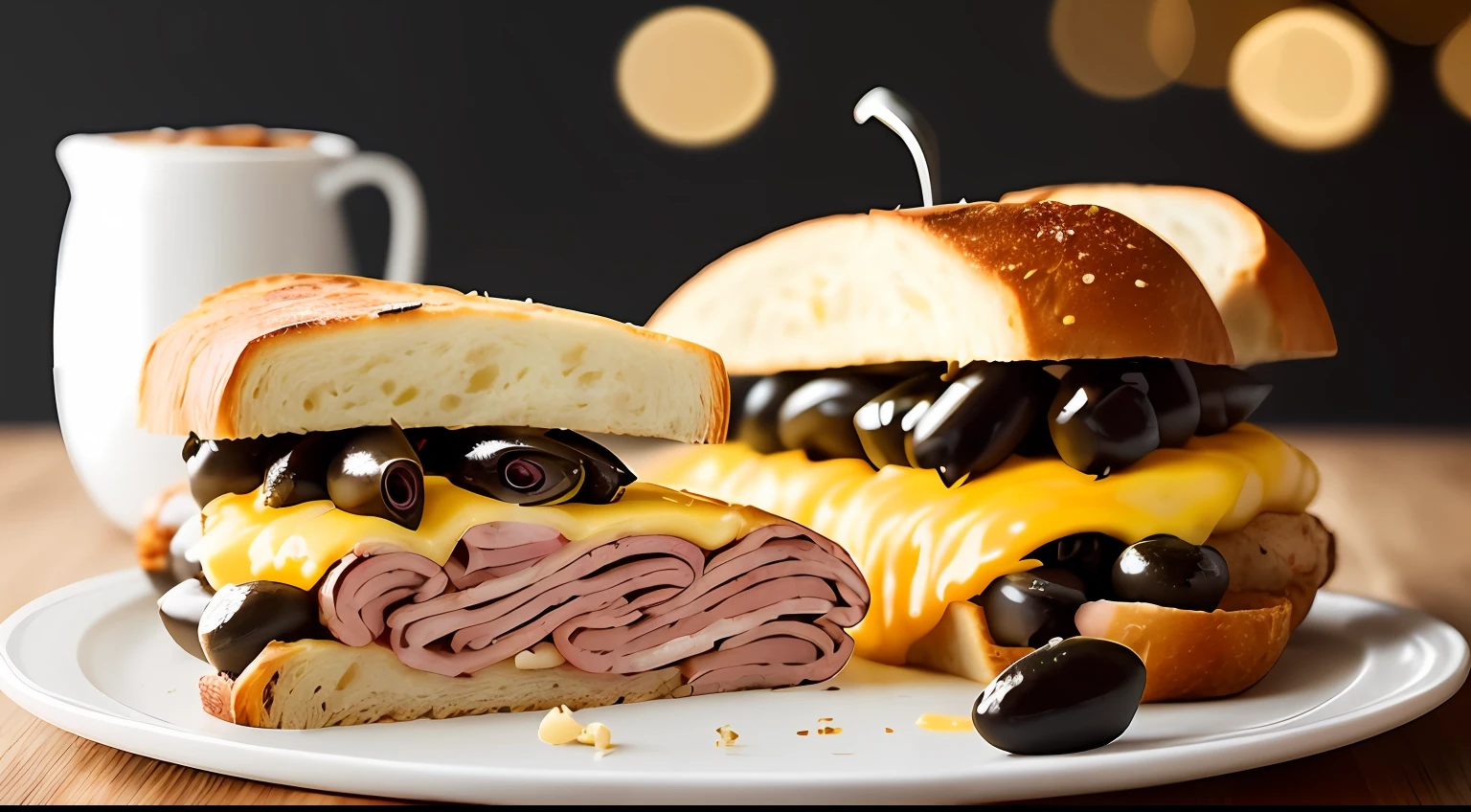 Photo of a ham and cheese sandwich, pickles, black olives and salami, special sauce, great food photography, food photography, photorealistic, ultrarealistic, maximum detail, foreground focus, recipes.com, epicurious, instagram, 8k, volumetric light, cinematic, rendering octane, rising light, no blur, depth of field, dof, bokeh --auto