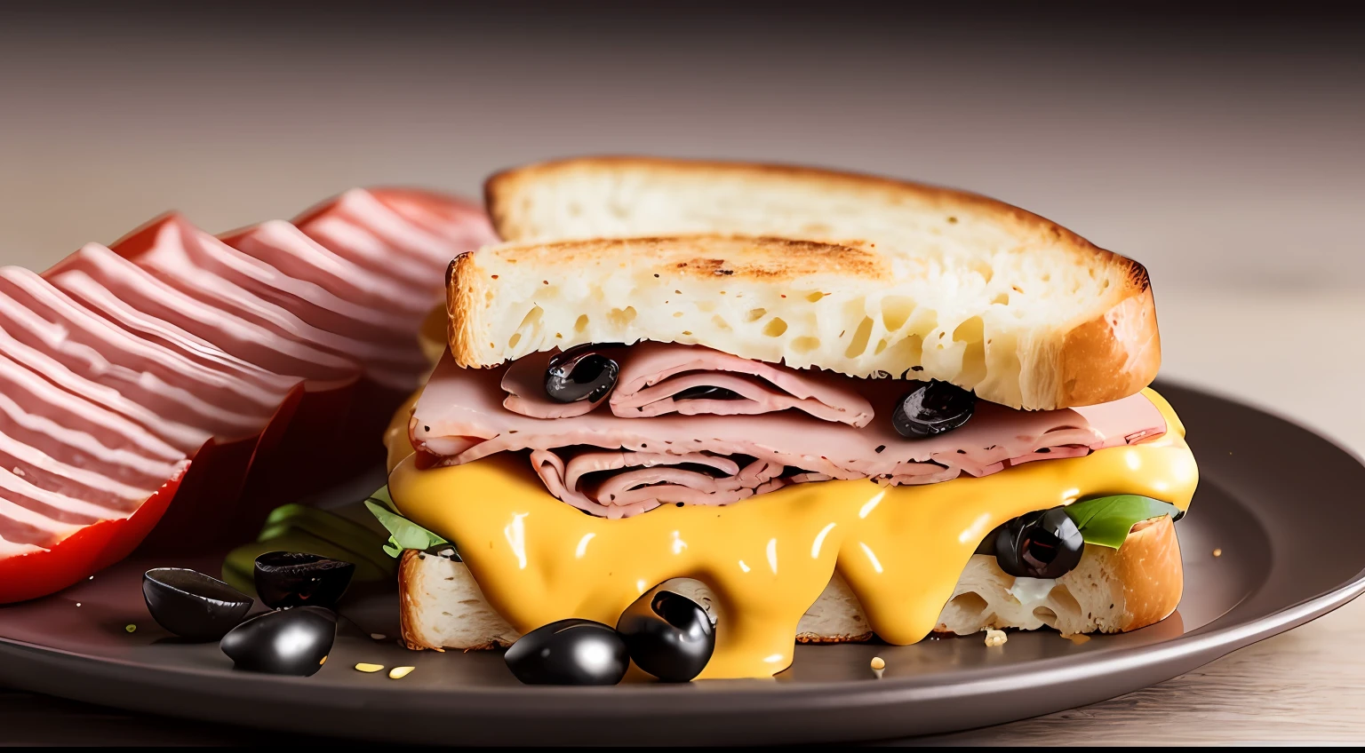 Photo of a ham and cheese sandwich, pickles, black olives and salami, special sauce, great food photography, food photography, photorealistic, ultrarealistic, maximum detail, foreground focus, recipes.com, epicurious, instagram, 8k, volumetric light, cinematic, rendering octane, rising light, no blur, depth of field, dof, bokeh --auto