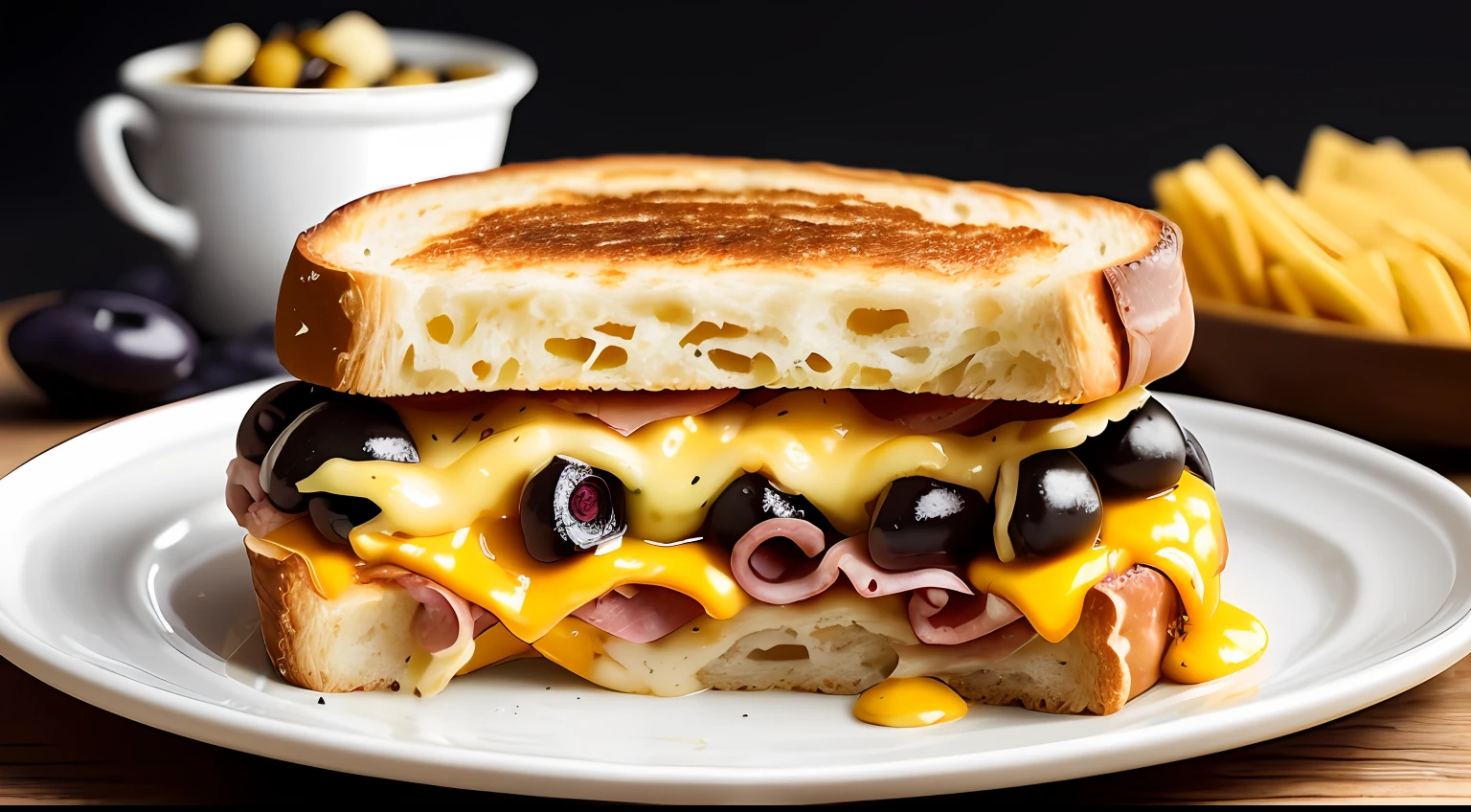 Photo of a ham and cheese sandwich, pickles, black olives and salami, special sauce, great food photography, food photography, photorealistic, ultrarealistic, maximum detail, foreground focus, recipes.com, epicurious, instagram, 8k, volumetric light, cinematic, rendering octane, rising light, no blur, depth of field, dof, bokeh --auto